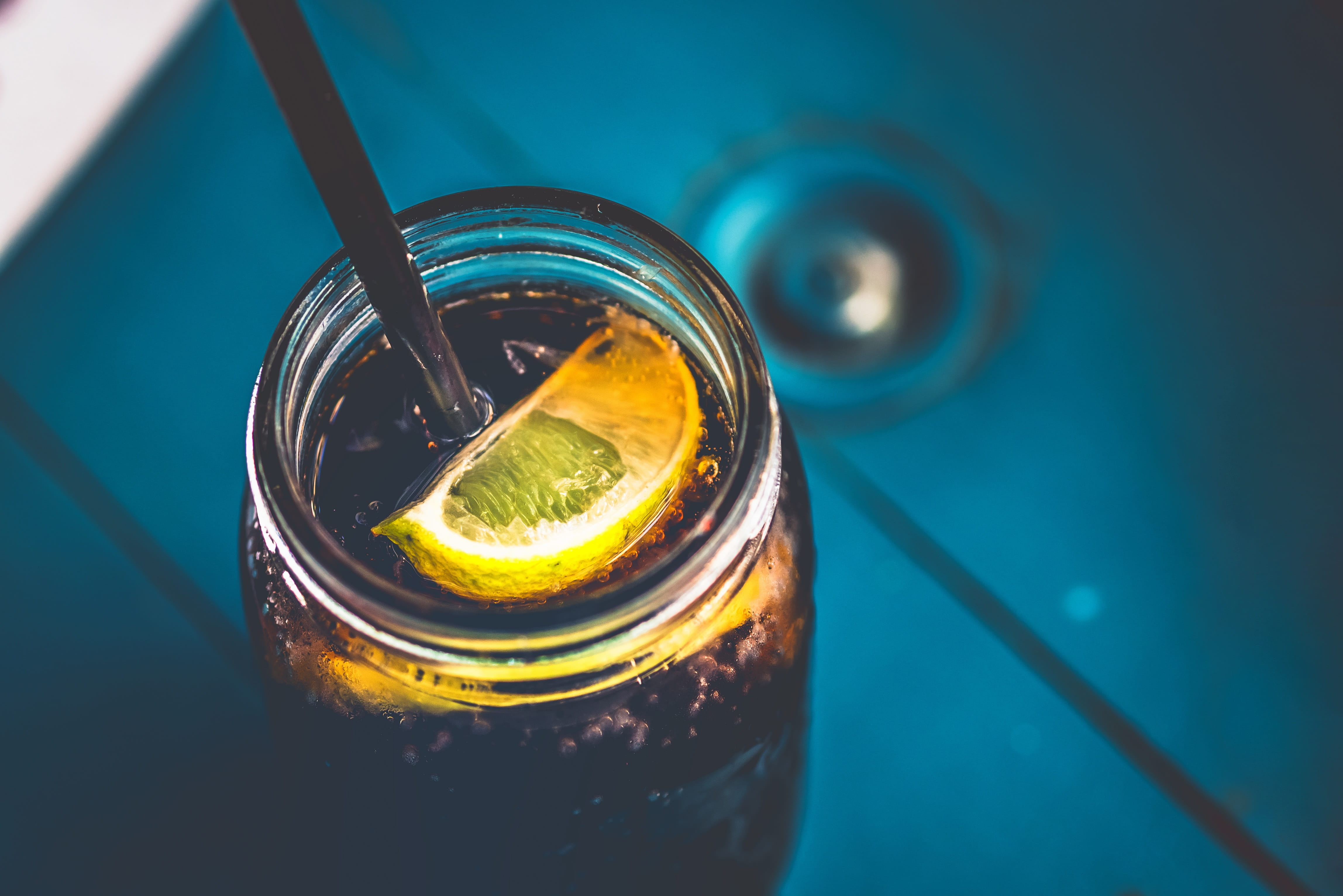 refreshing, summer, jar, 4K, high angle view, still life, household equipment, clear, no people, straw, close-up, focus on foreground, liquid, blue background, HD Wallpaper