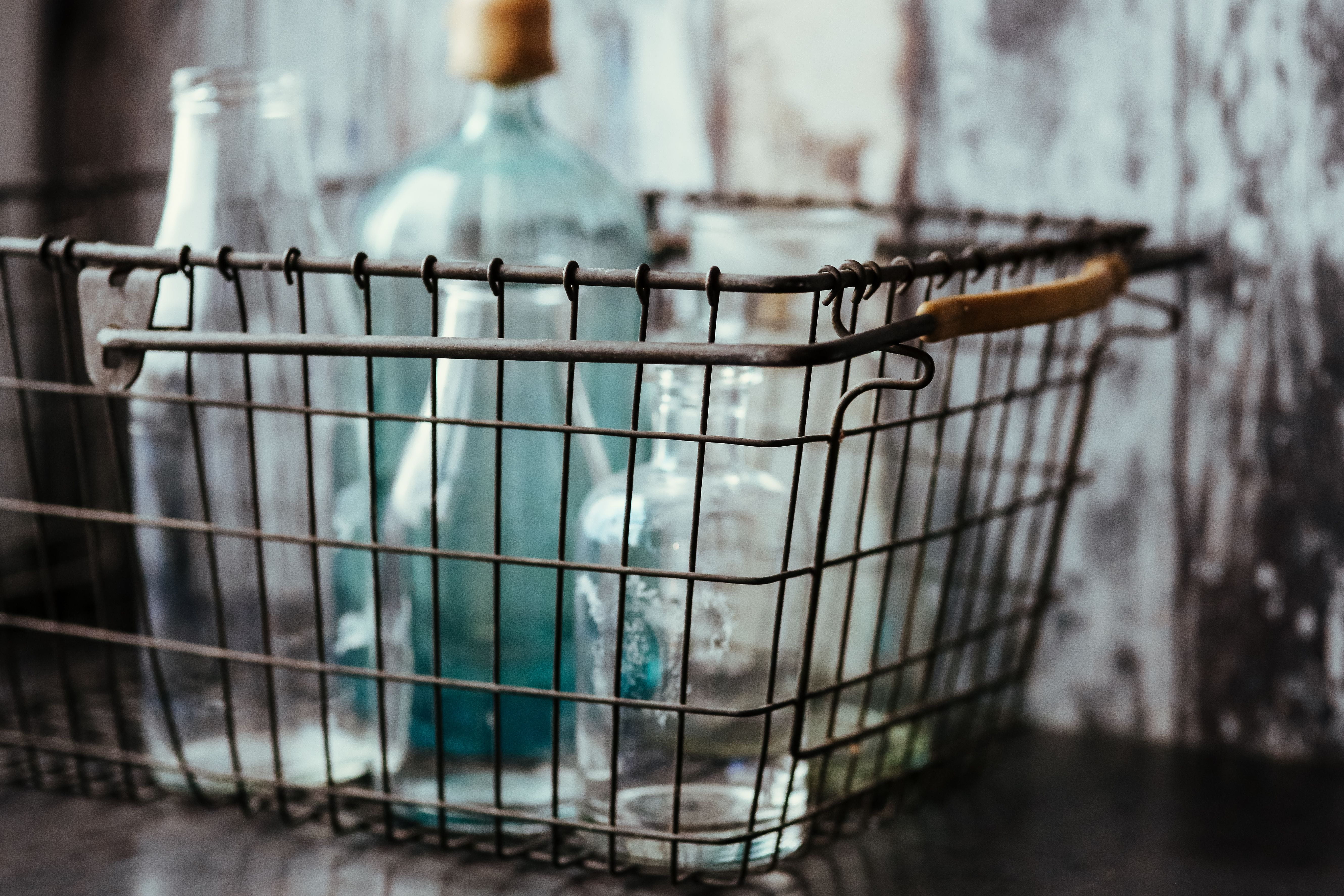flooring, household equipment, shopping Cart, focus on foreground, glass - material, bottles, store, close-up, metal, food and drink, trapped, nature, cage, HD Wallpaper