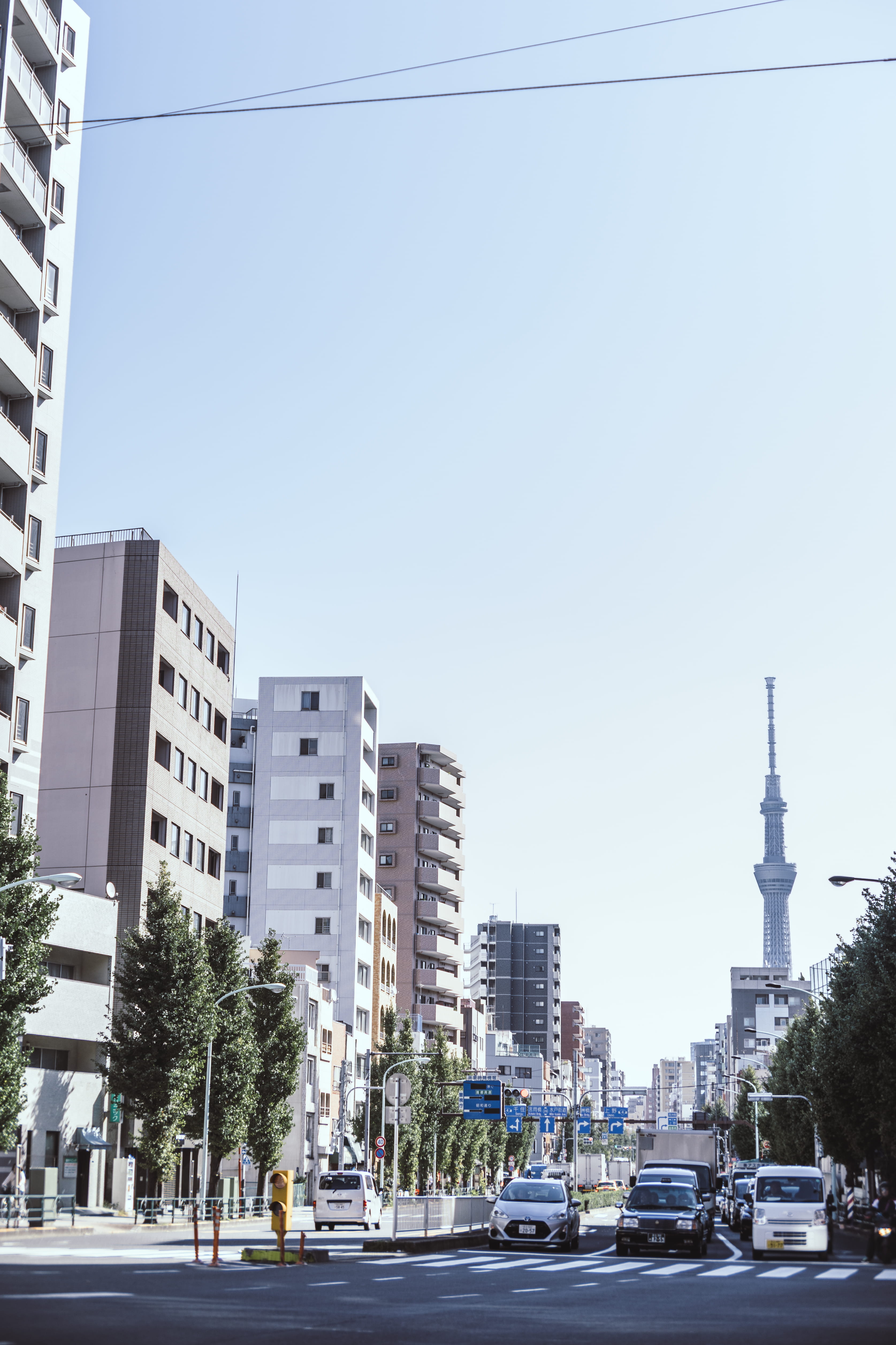 tokyo skytree, sumida-ku, day, street, uguisadani, architecture, skyscraper, office building exterior, city street, mode of transportation, outdoors, motor vehicle, Phone HD Wallpaper