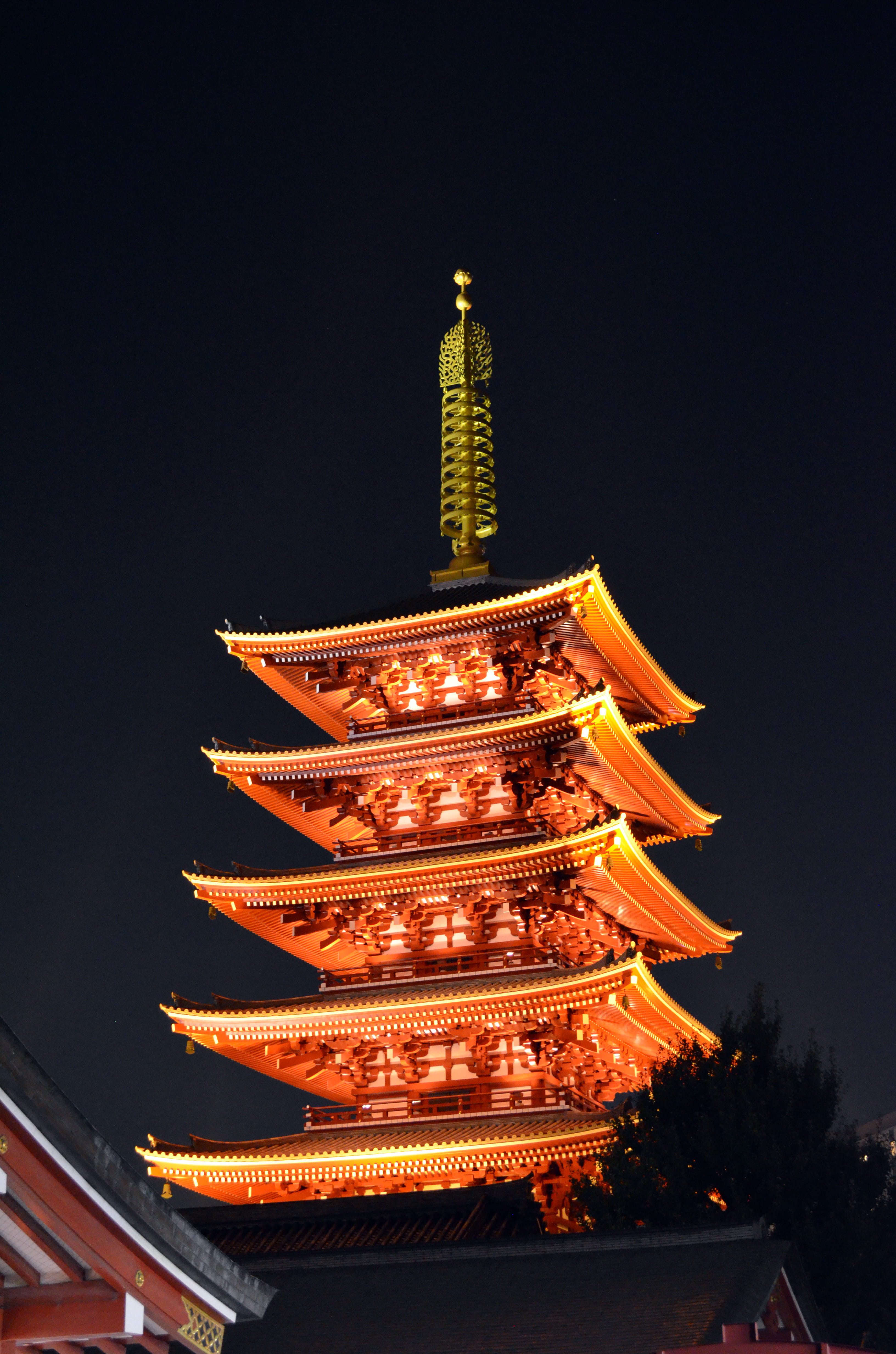 spirituality, japan, built structure, temple, architecture, belief, travel destinations, religion, low angle view, tokyo, place of worship, tower, night, Phone HD Wallpaper