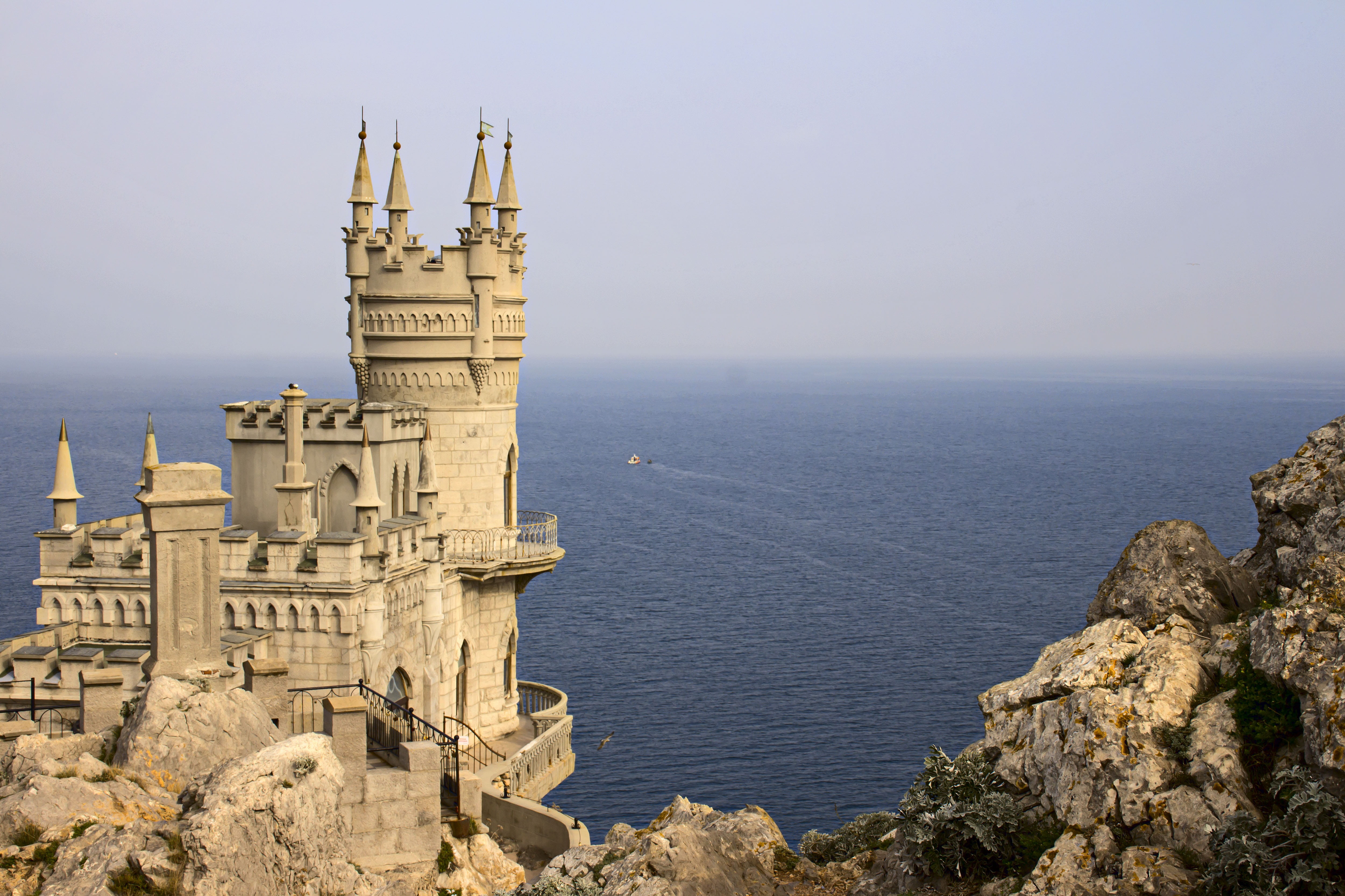 rocks, journey, no people, yalta, castle, landscape, architecture, belief, tower, scenics - nature, sky, the past, sea, outdoors, religion, built structure, HD Wallpaper