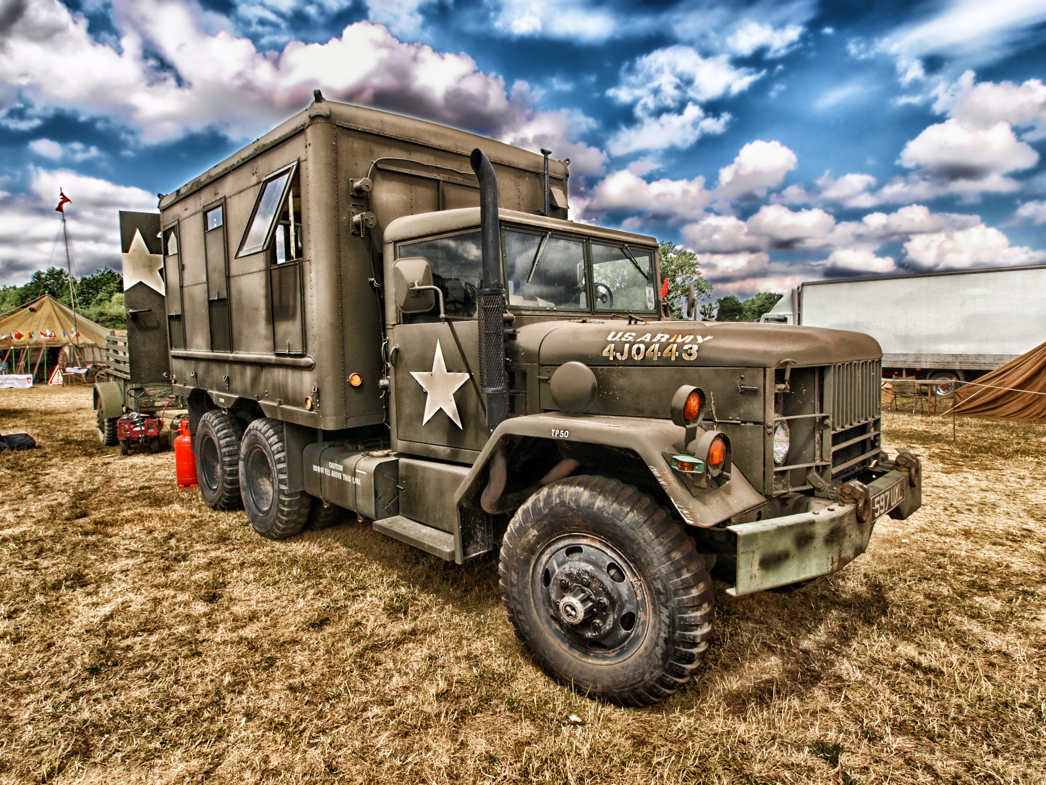 clouds, hdr, no people, vehicle, mode of transportation, daytime, outside, day, camp, motor vehicle, transportation, field, landscape, nature, vintage, HD Wallpaper