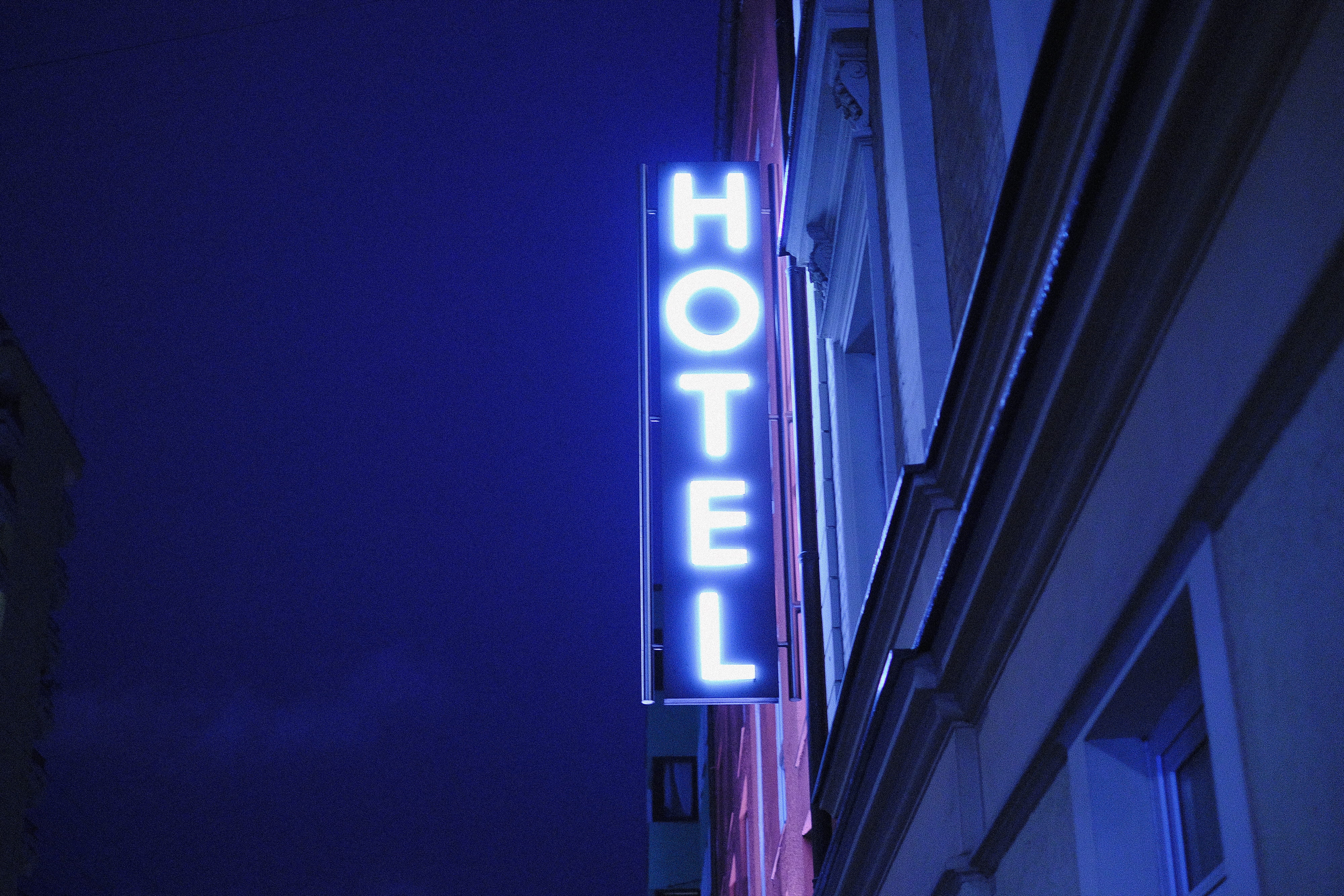 future, transportation, 4K, night, clear sky, signage, travel, turned, led, neon light, sign, built structure, hotel, architecture, building, city, blue, HD Wallpaper