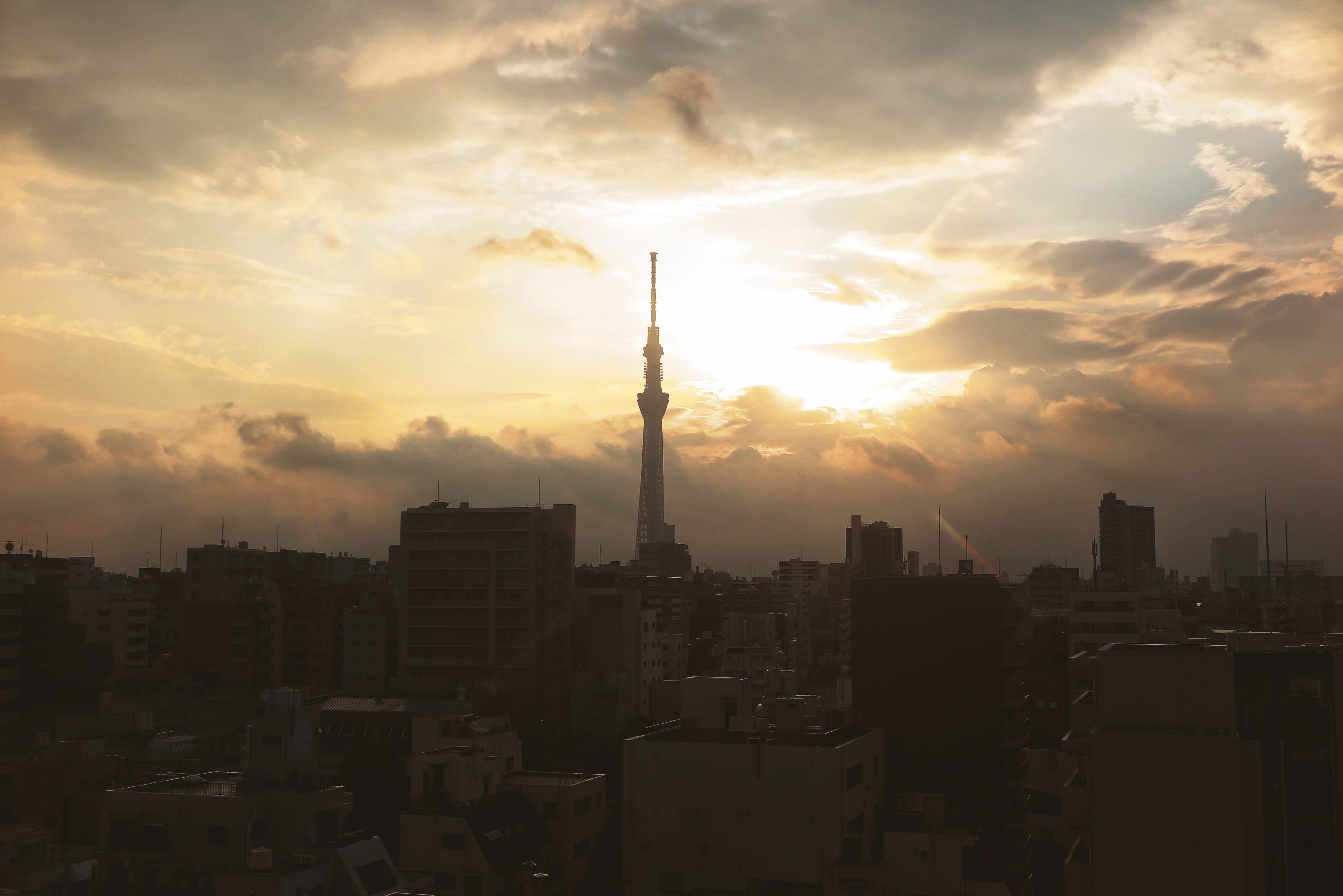 tower, 4K, office building exterior, sky, architecture, travel destinations, cloud - sky, sunset, outdoors, pollution, building, tokyo, spire, built structure, HD Wallpaper