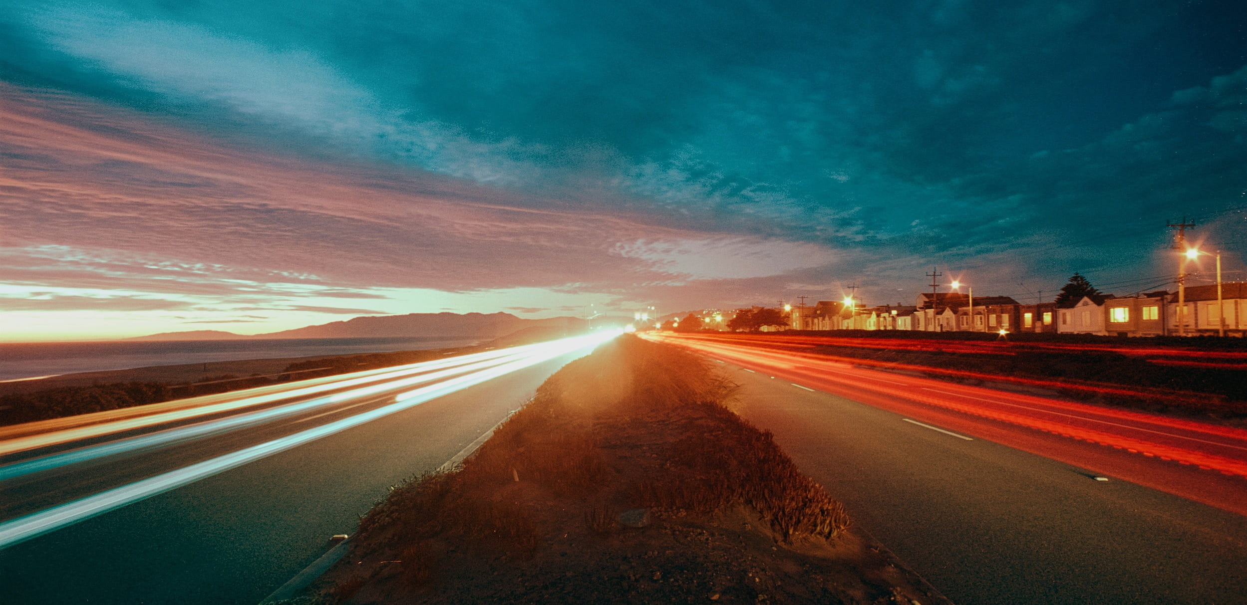 cars, landscape, san francisco, 1080P, long exposure, olympus, outdoors, great highway, cloud - sky, beach, highway, motion, road, symbol, no people, city, HD Wallpaper