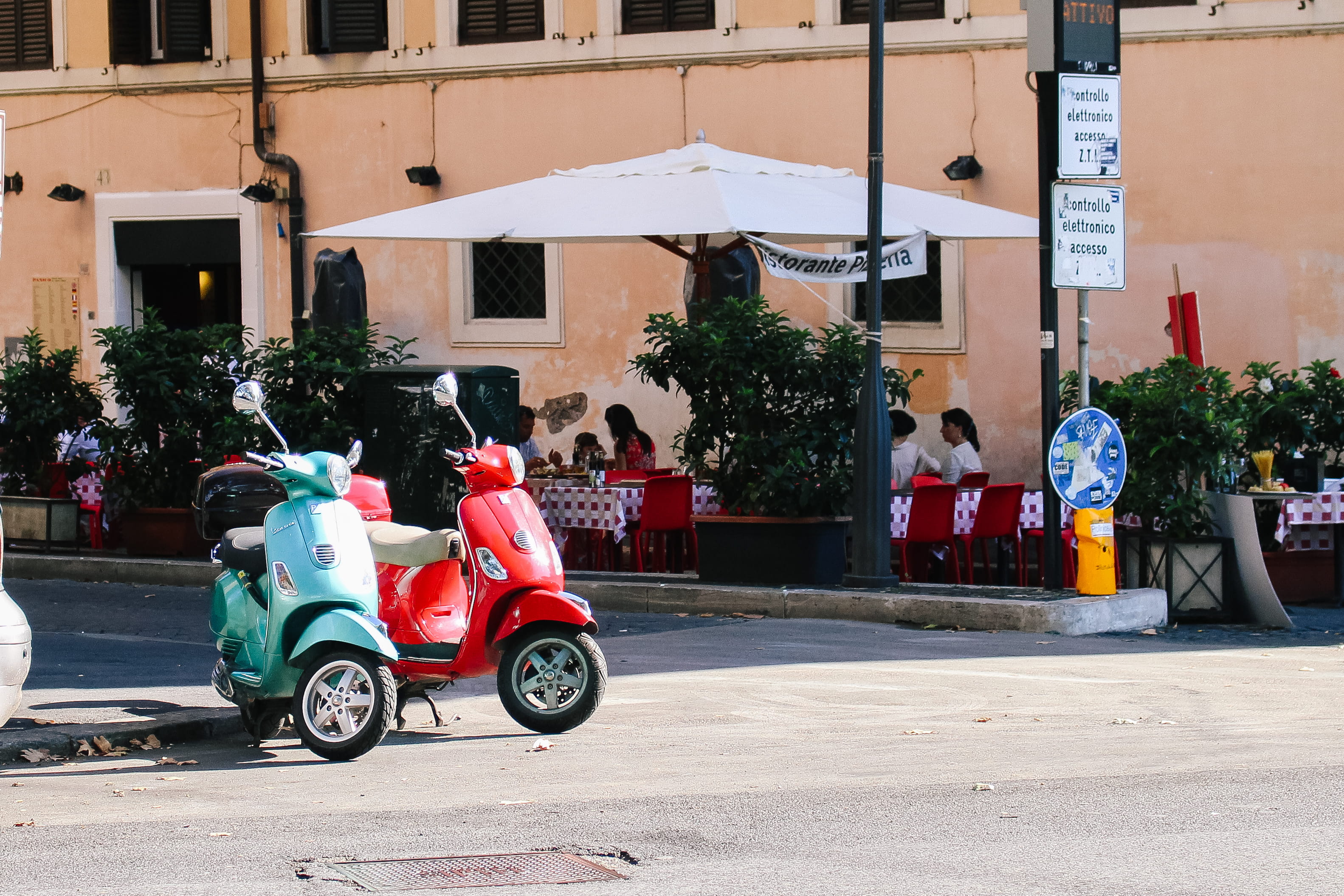 red and blue, italy, men, rome, italian, city, europe, roma, land vehicle, scooter, vespa, transportation, incidental people, traveling, building, 2K, HD Wallpaper