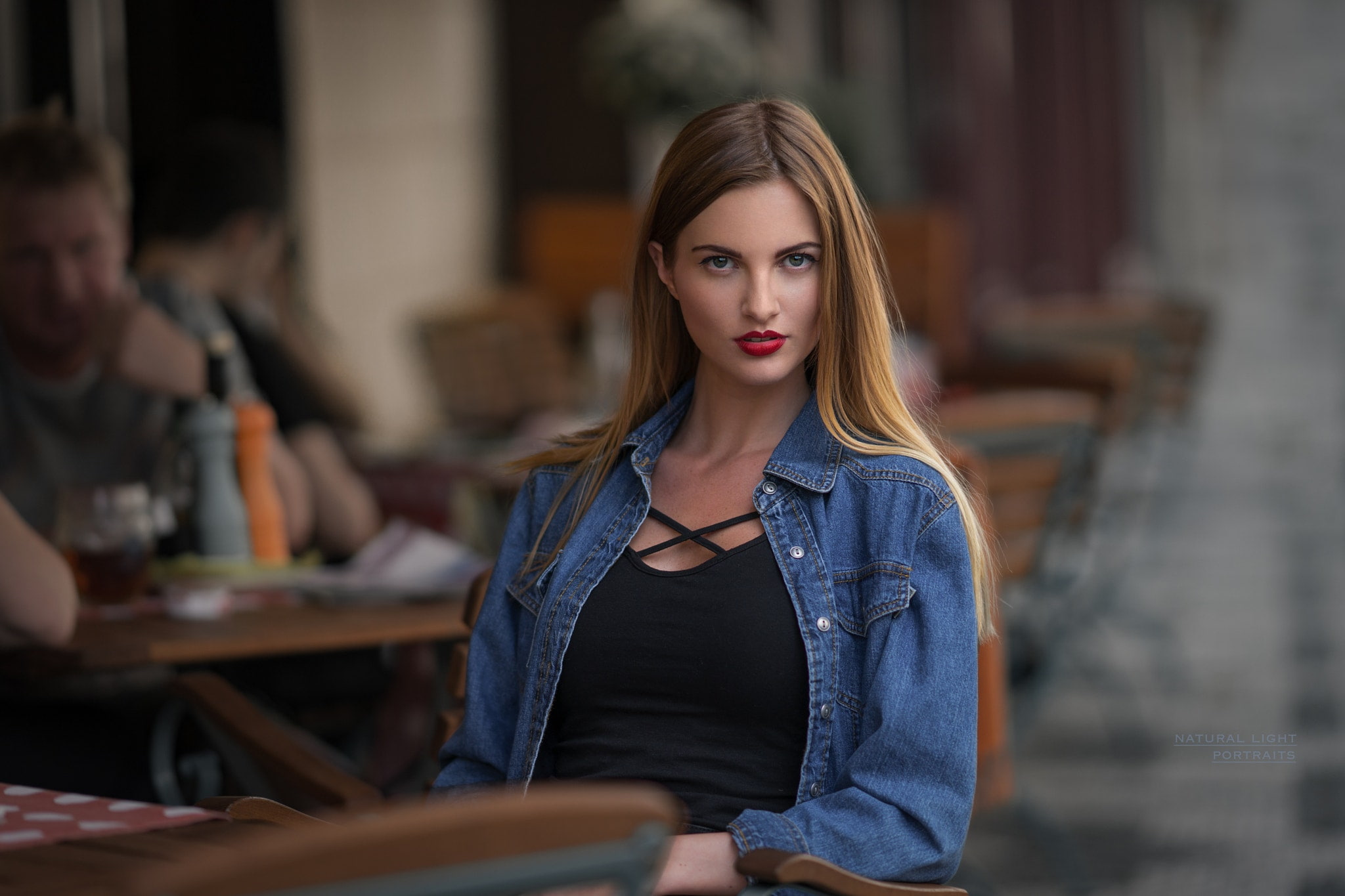 jean shirt, looking at viewer, Black top, black tops, blonde, cafes, portrait, cafeteria, red lipstick, 1080P, depth of field, long hair, straight hair, HD Wallpaper