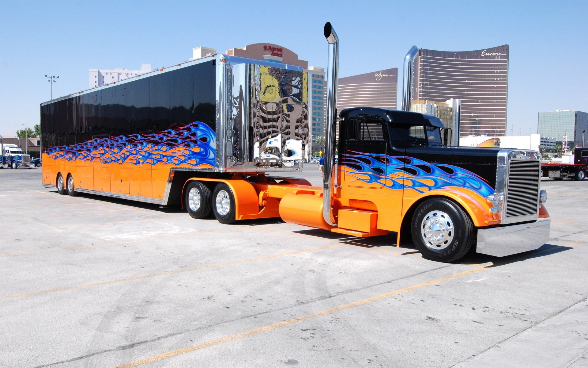 Trucks, truck, print, black, 1080P, orange, blue, trailer, fire, HD Wallpaper