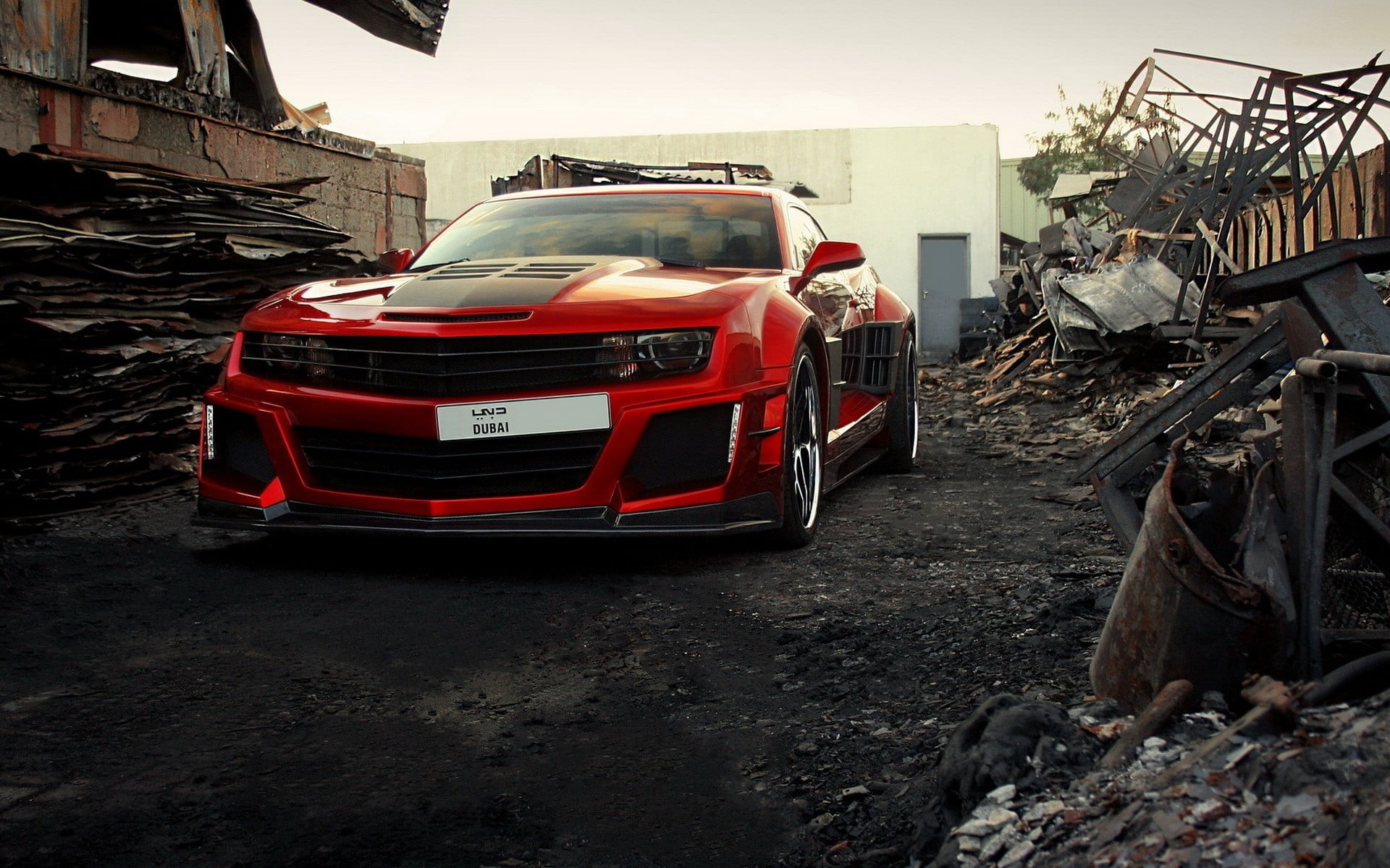 garage, 1080P, land vehicle, transportation, red, car, abandoned, built structure, city, truck, day, fire engine, stationary, racing, obsolete, mode of transportation, HD Wallpaper