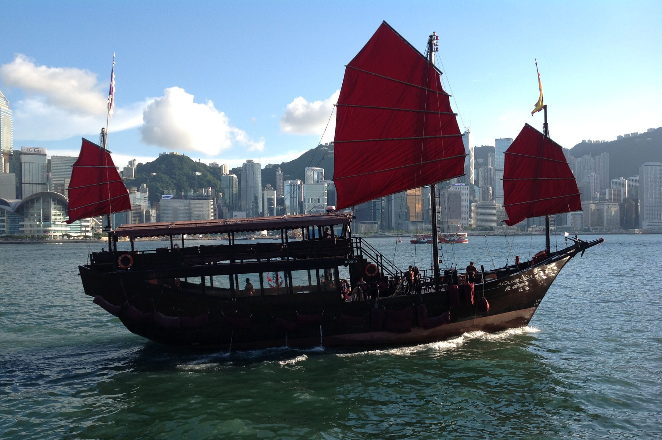 nature, mode of transportation, sea, outdoors, day, real people, hong kong, flag, travel, 1080P, patriotism, building exterior, scarlet sails, waterfront, HD Wallpaper