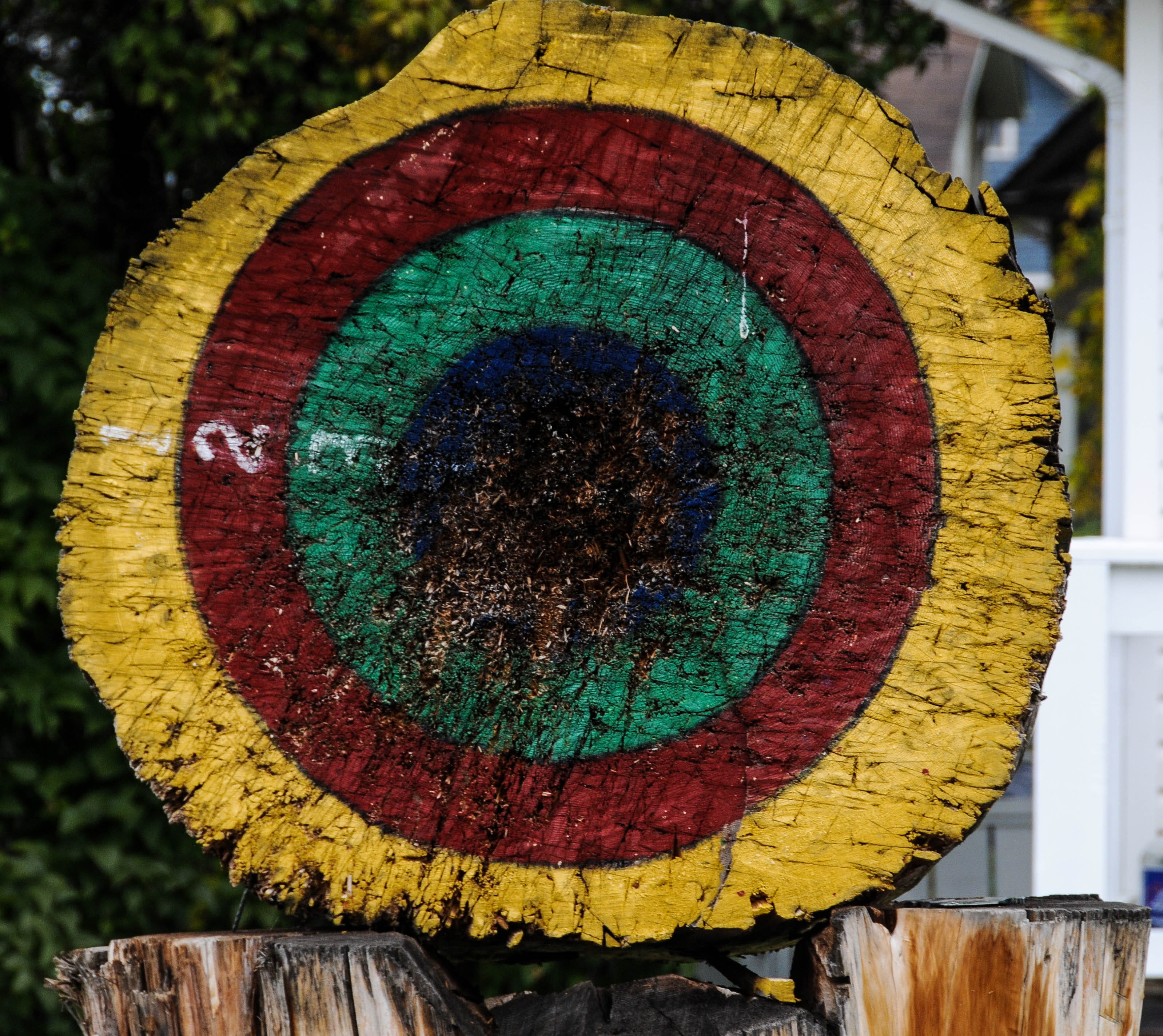 bow, fire, tree, gong, tire, trunk, day, 2K, outdoors, nature, circle, sport, toy, art and craft, dye, no people, yellow, archery, wood, paintball, sports, HD Wallpaper