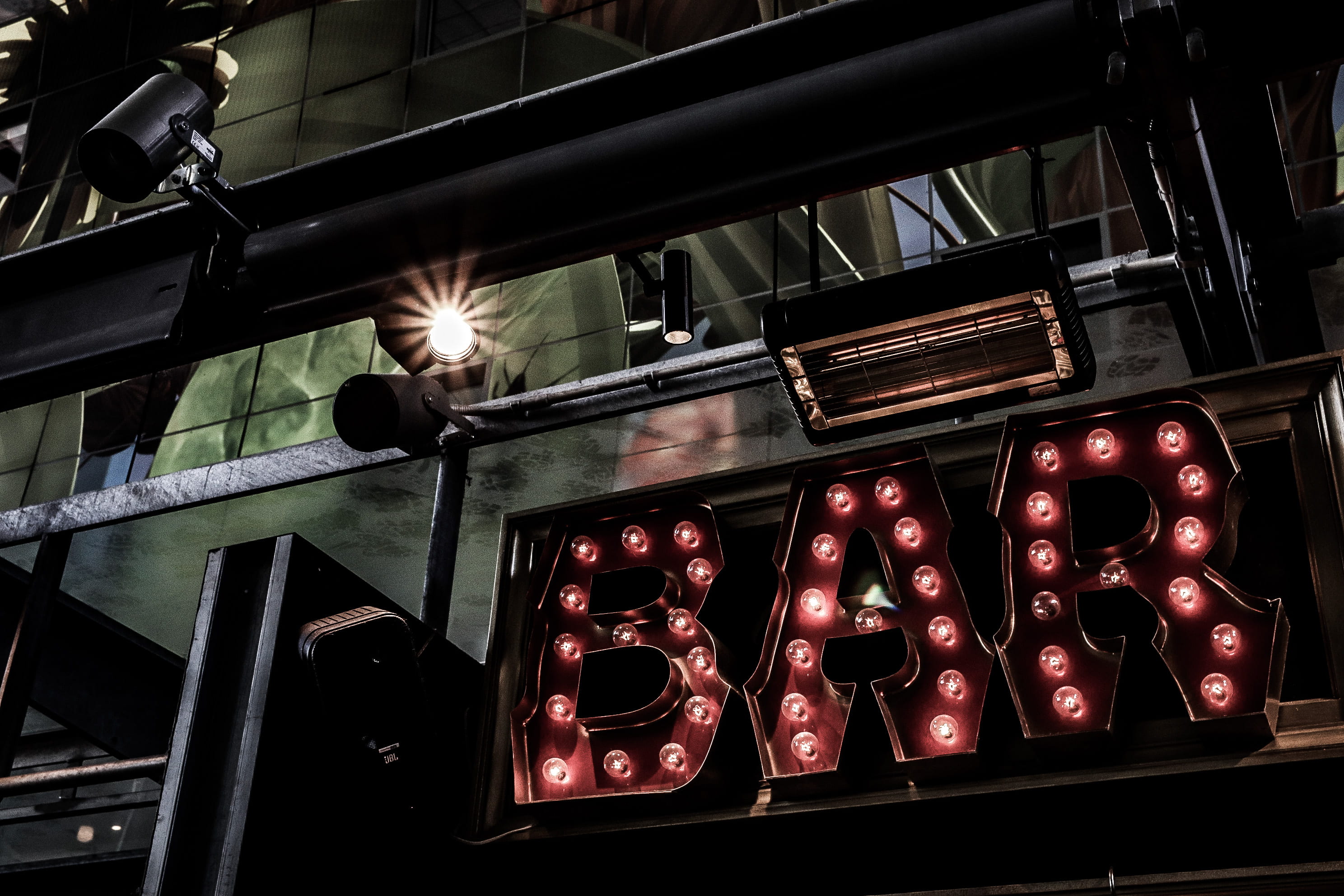 lightbulb, bar, glowing, rotterdam, text, food and drink, sweet food, lighting equipment, metal, heat - temperature, signage, no people, 2K, communication, HD Wallpaper