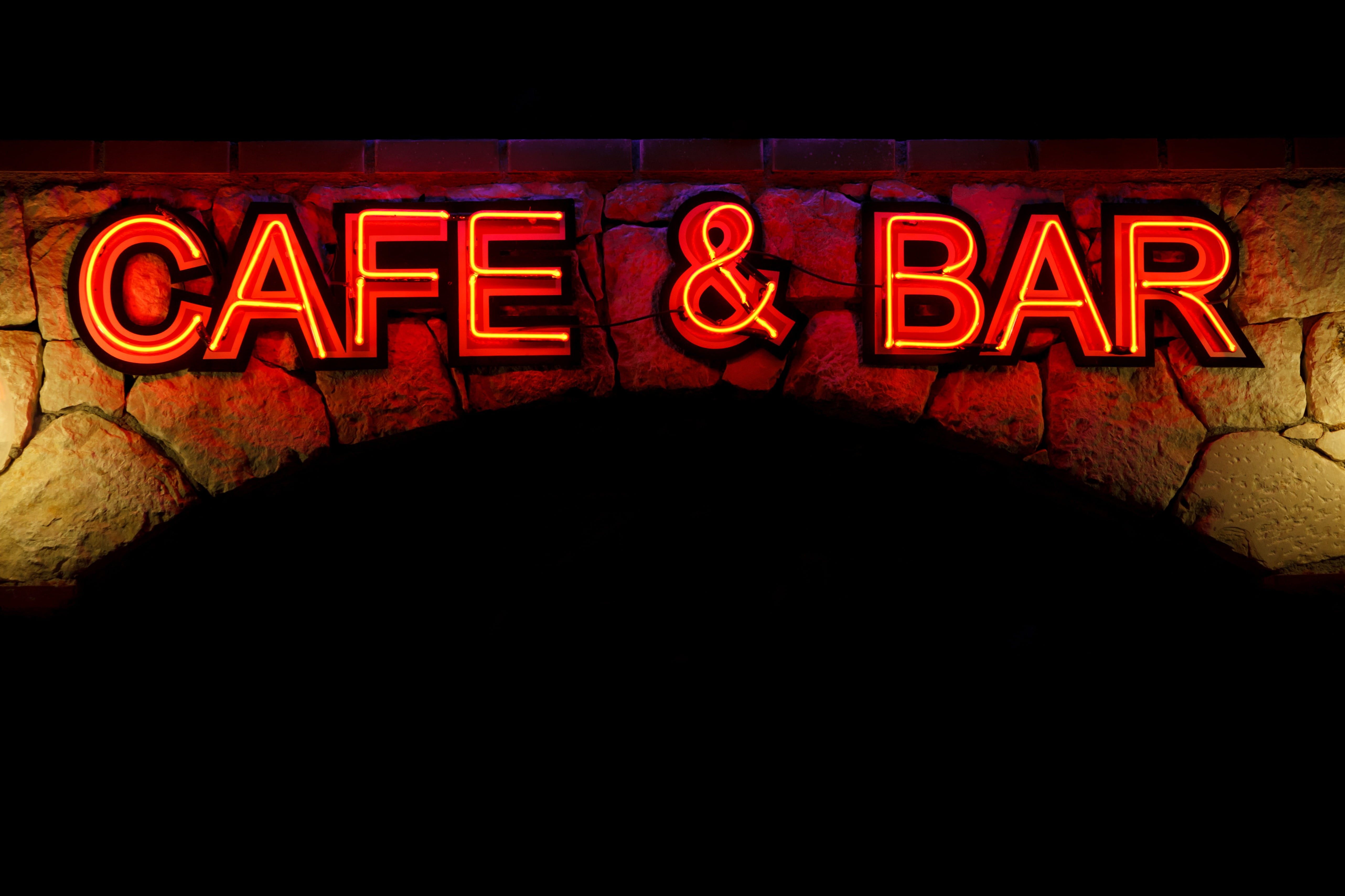 no people, signage, café, dark, illuminated, architecture, glowing, nightlife, red, bar, message, copy space, drink, meal, western script, text, capital letter, HD Wallpaper