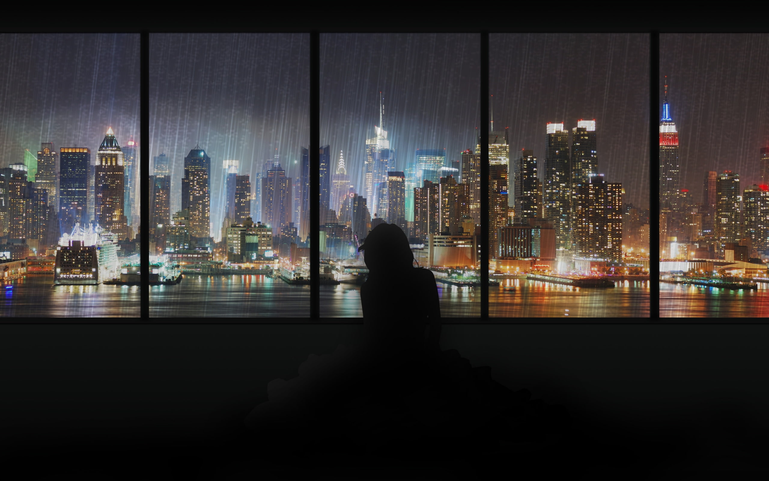 wet, skyscraper, storm, sound, color, drops, pier, art, rain, wharf, ocean, night, water, artistic, 2K, world, original, dock, women, neon, females, window, HD Wallpaper