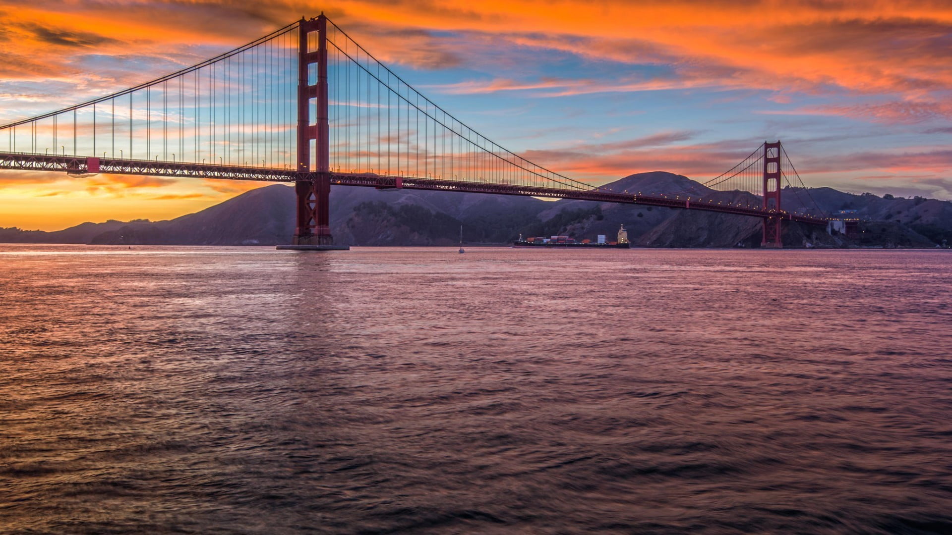 travel, bridge, suspension bridge, travel destinations, built structure, architecture, water, orange color, sunset, nature, bay, outdoors, HDR, cloud - sky, HD Wallpaper