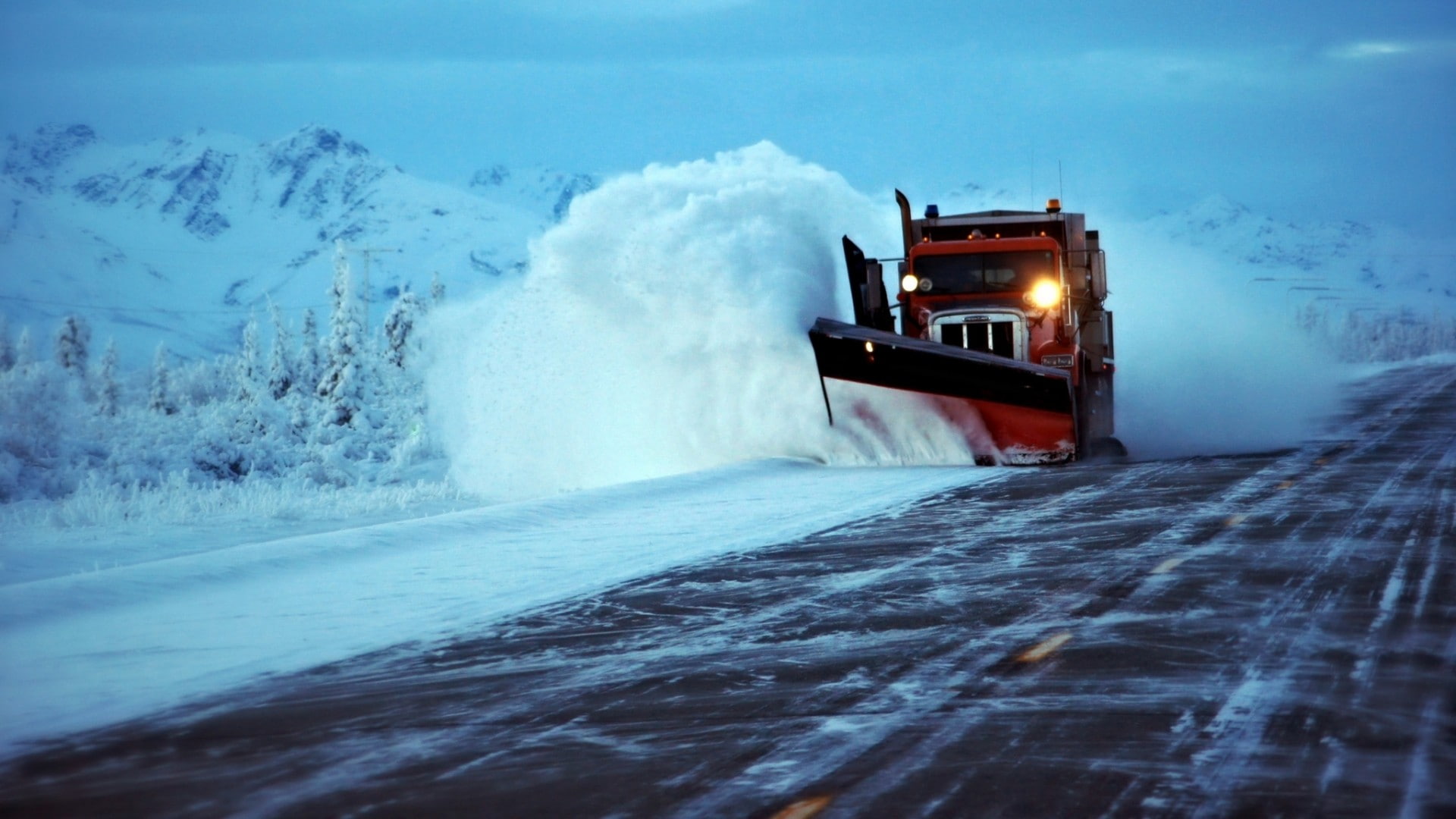 warning sign, 1080P, snowplow, nature, road, trucks, snow, headlight, cyan, speed, cold temperature, mode of transportation, outdoors, motion, illuminated, HD Wallpaper