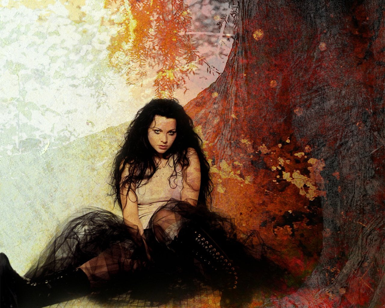 wall - building feature, young adult, hairstyle, long hair, black hair, hair, Evanescence, Artistic, one person, lifestyles, beauty, beautiful woman, sitting, HD Wallpaper