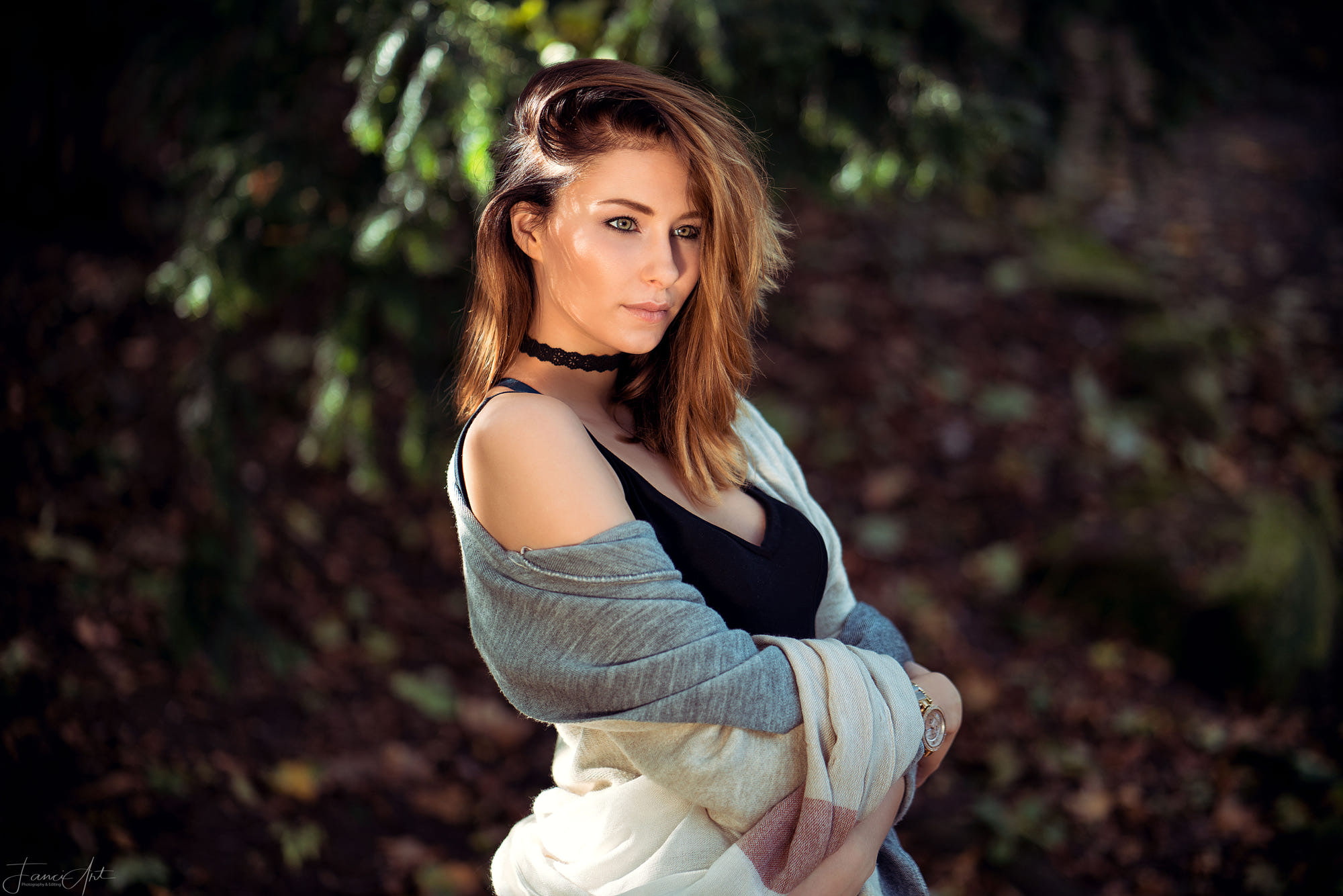 brunette, portrait, face, 1080P, Ramon Laske, black tops, green eyes, women outdoors, choker, bokeh, women, HD Wallpaper