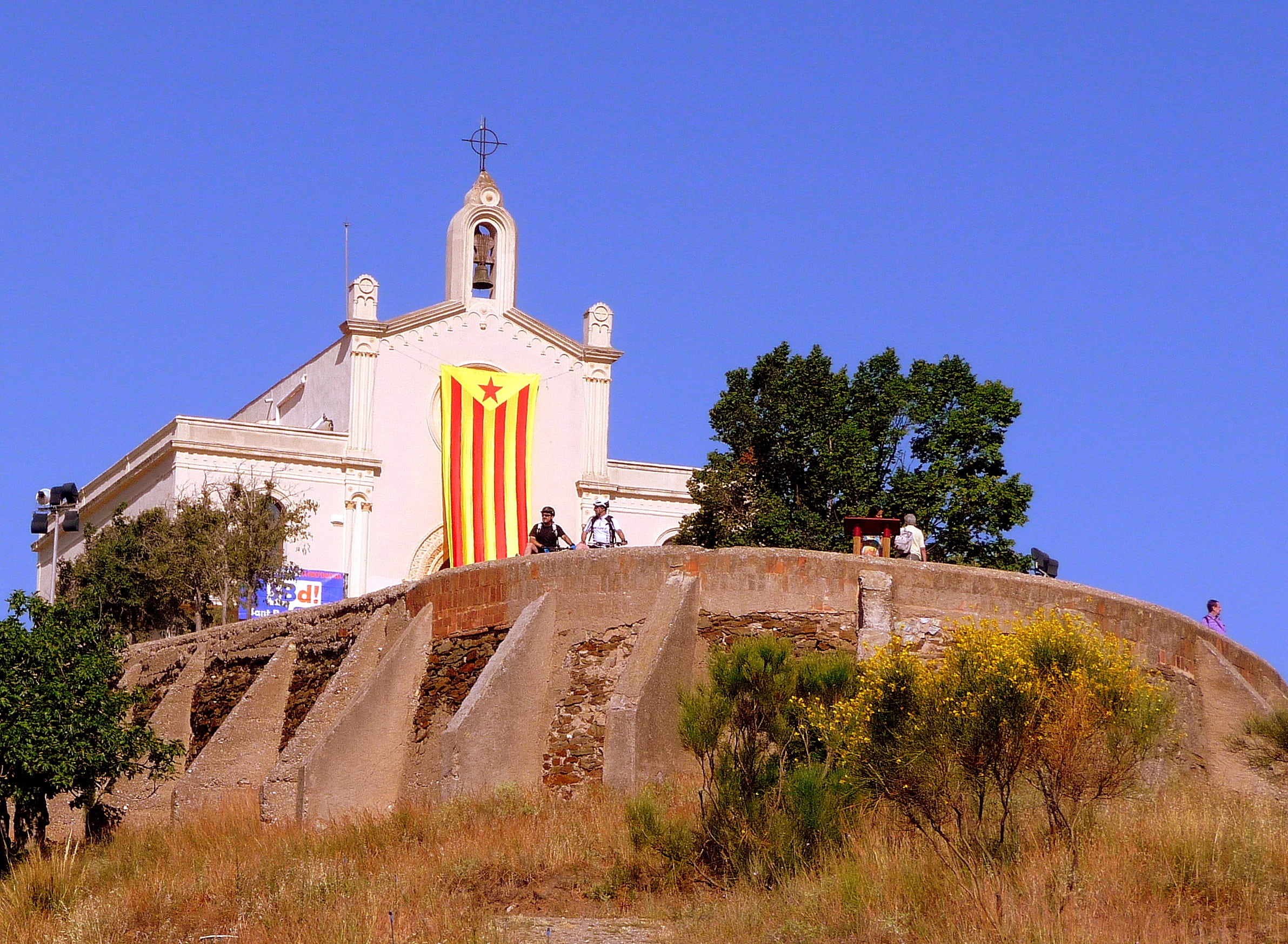 day, christianity, belief, spire, 1080P, independence, blue, travel destinations, no people, flag, religion, catalonia, place of worship, building, sant ramon, HD Wallpaper