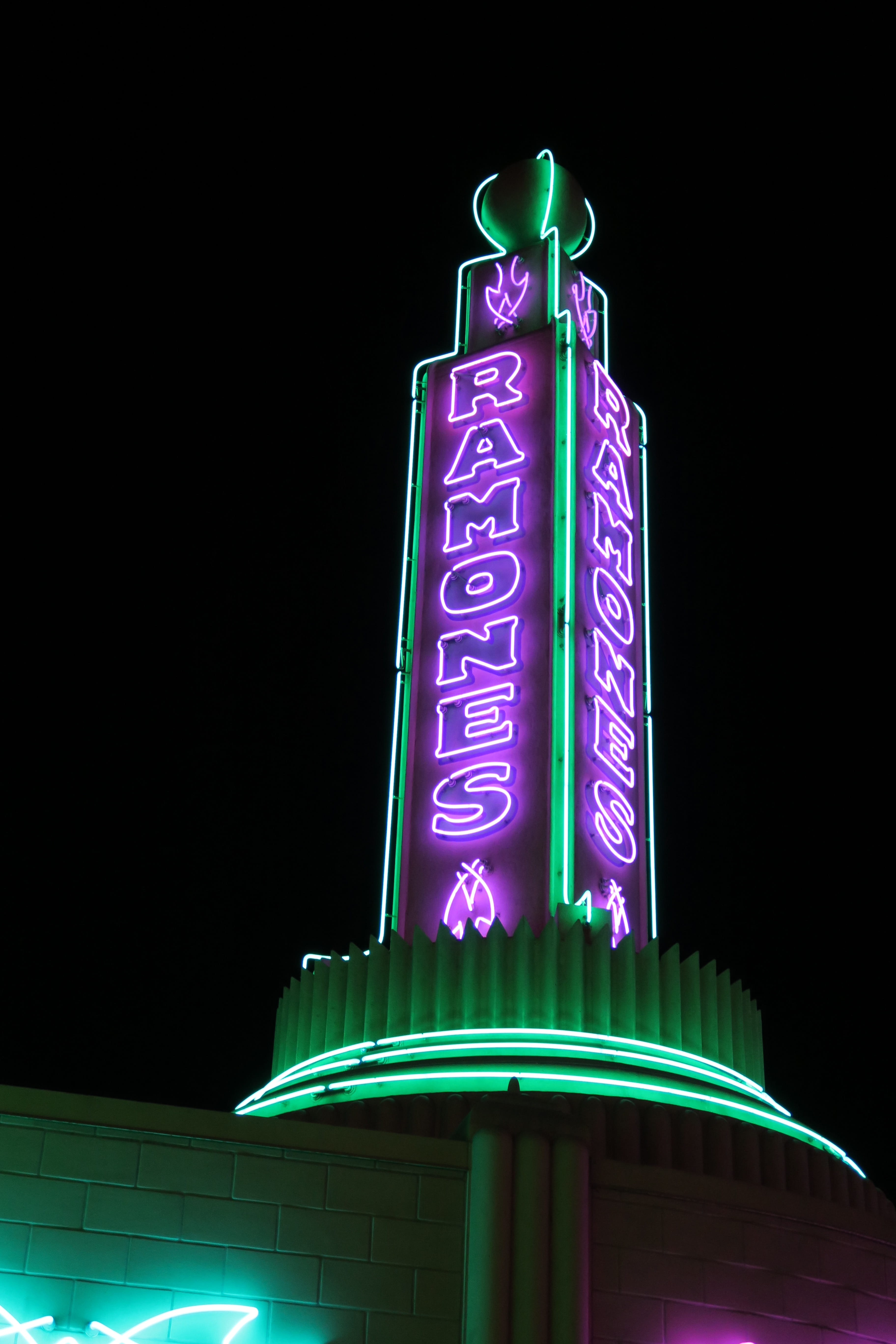 neon Light, night, text, lighting equipment, building Exterior, urban Scene, 5K, Sign, neon Color, famous Place, Ramones, sign, low angle view, communication, Phone HD Wallpaper