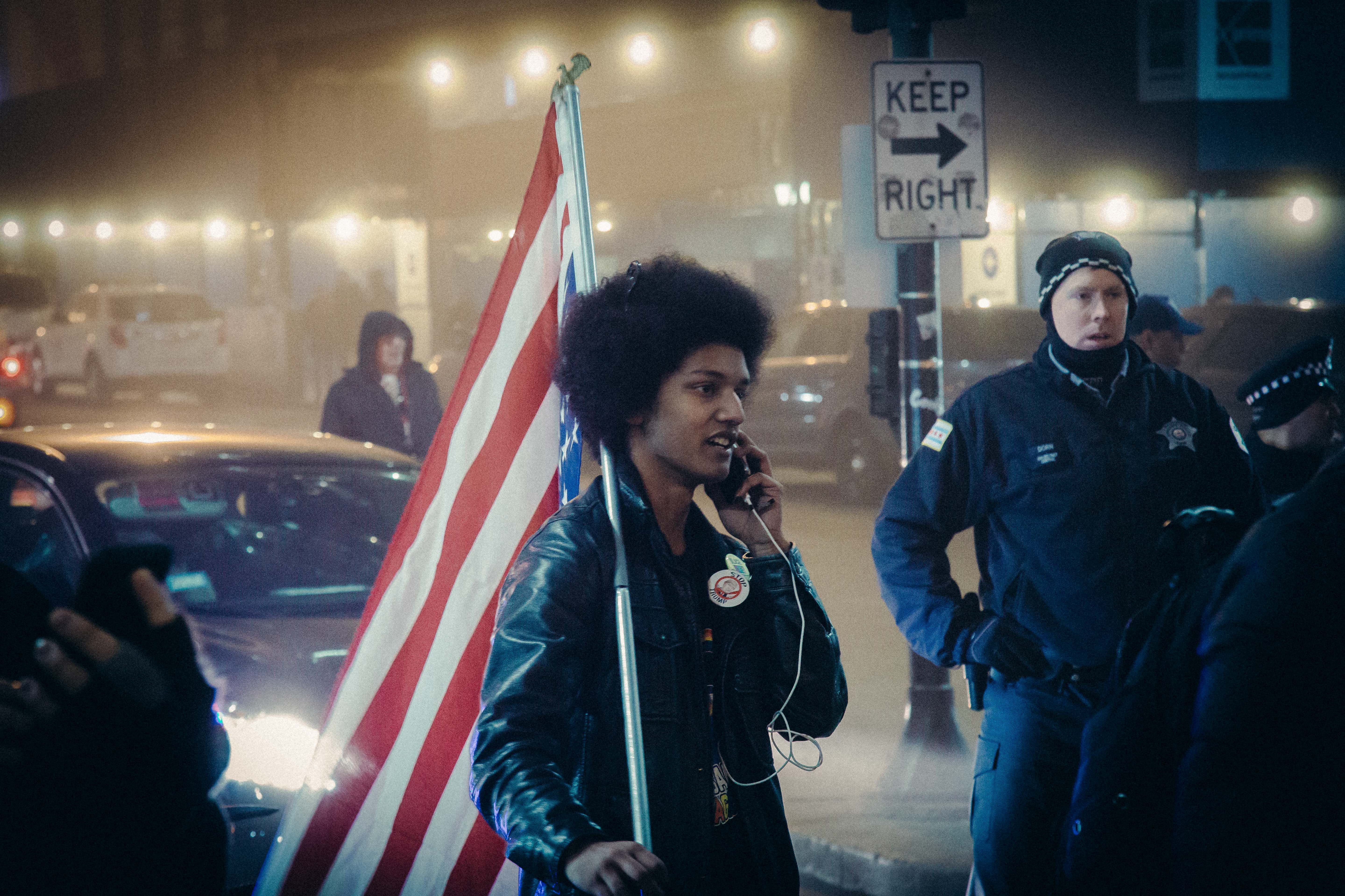 transportation, standing, american flag, men, three quarter length, people, architecture, city, women, protest, street, adult, america, night, warm clothing, HD Wallpaper