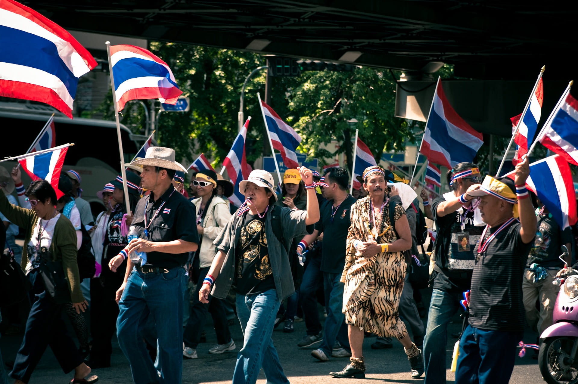 large group of people, bangkok, city, 1080P, street, lifestyles, protest, uniform, demonstration, outdoors, flag, crisis, architecture, arts culture and entertainment, HD Wallpaper