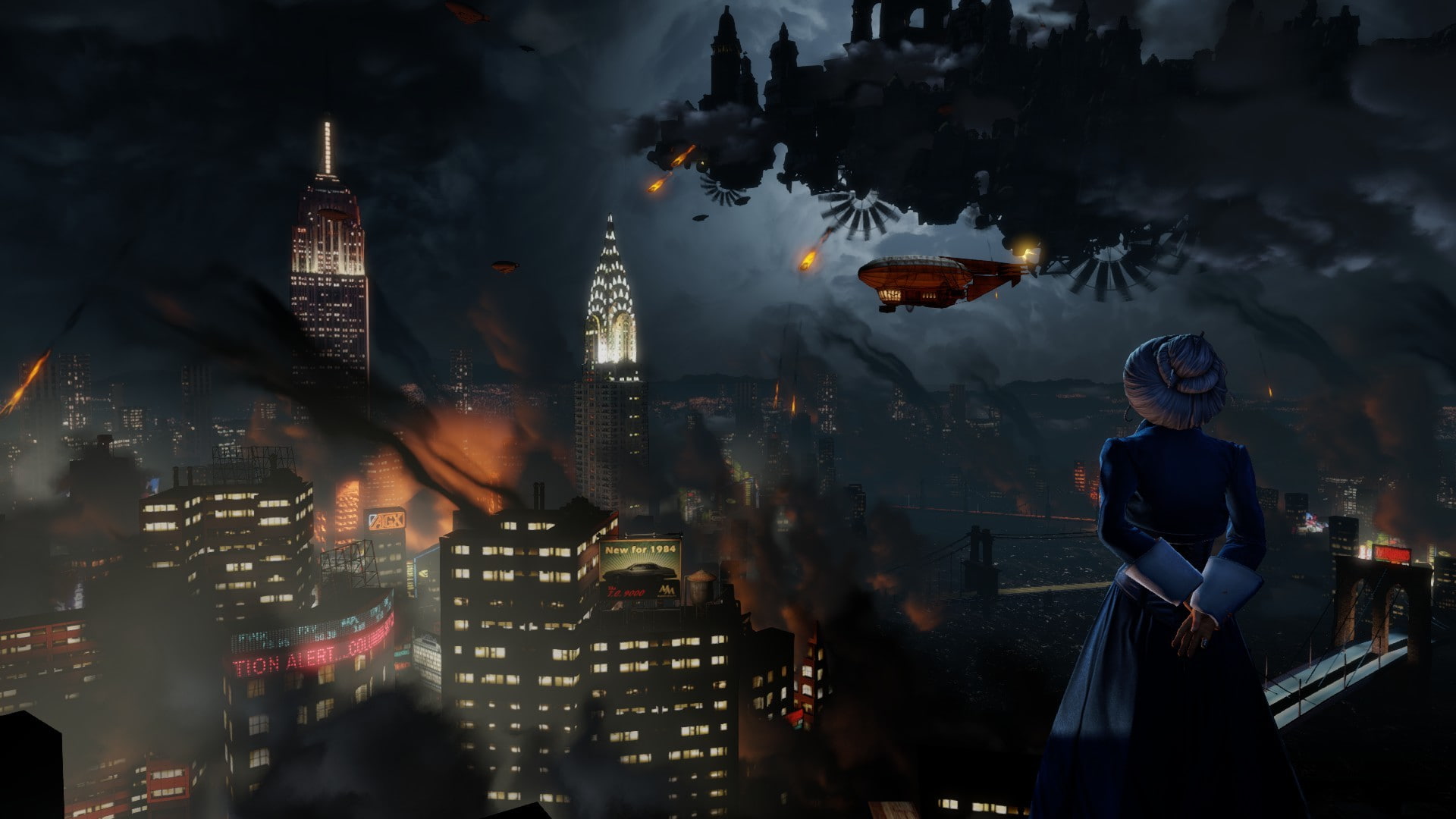 city life, BioShock Infinite, 1080P, office building exterior, skyscraper, modern, tower, architecture, illuminated, office, city, cityscape, outdoors, HD Wallpaper