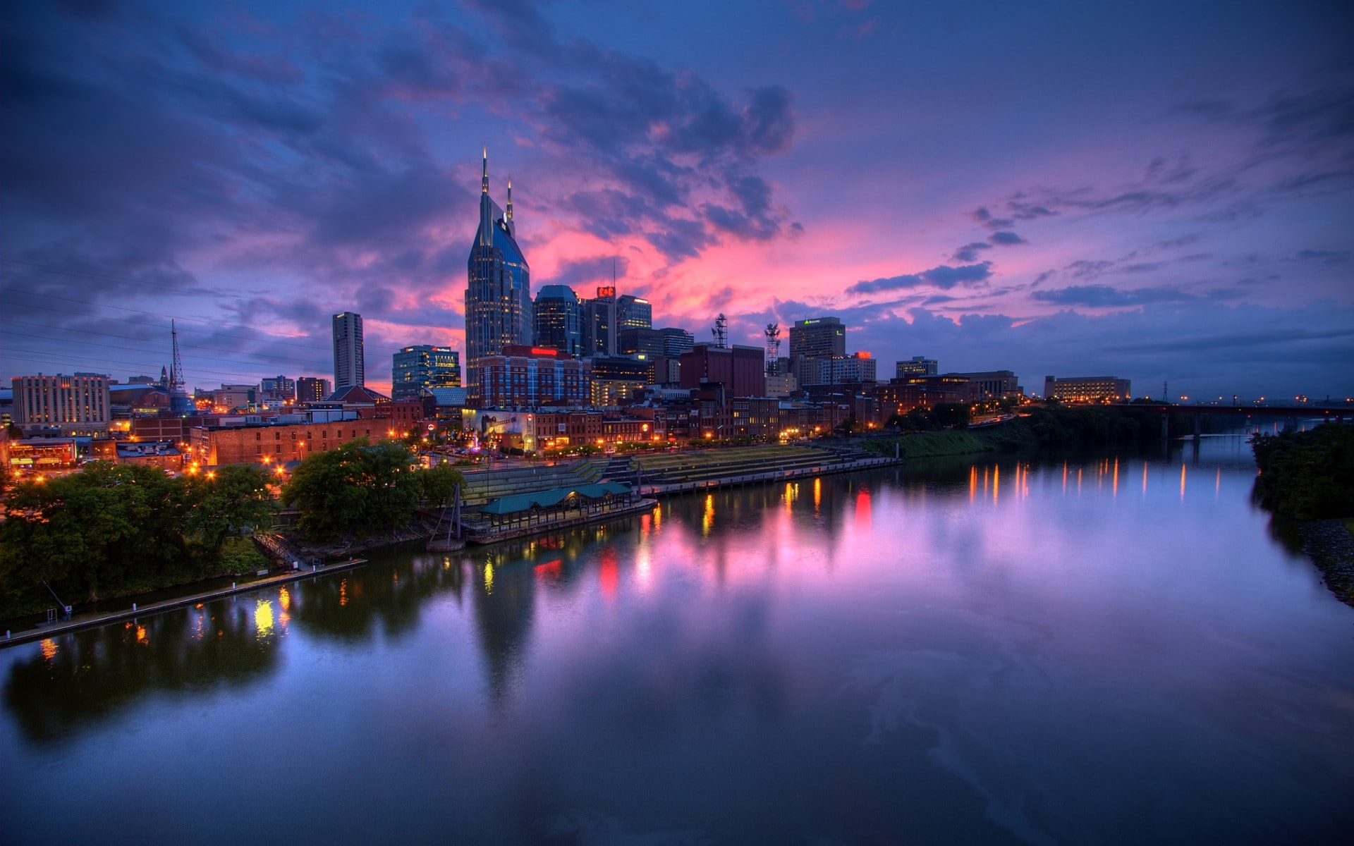 urban, Nashville, USA, cityscape, lights, sky, city, Tennessee, 1080P, river, HD Wallpaper