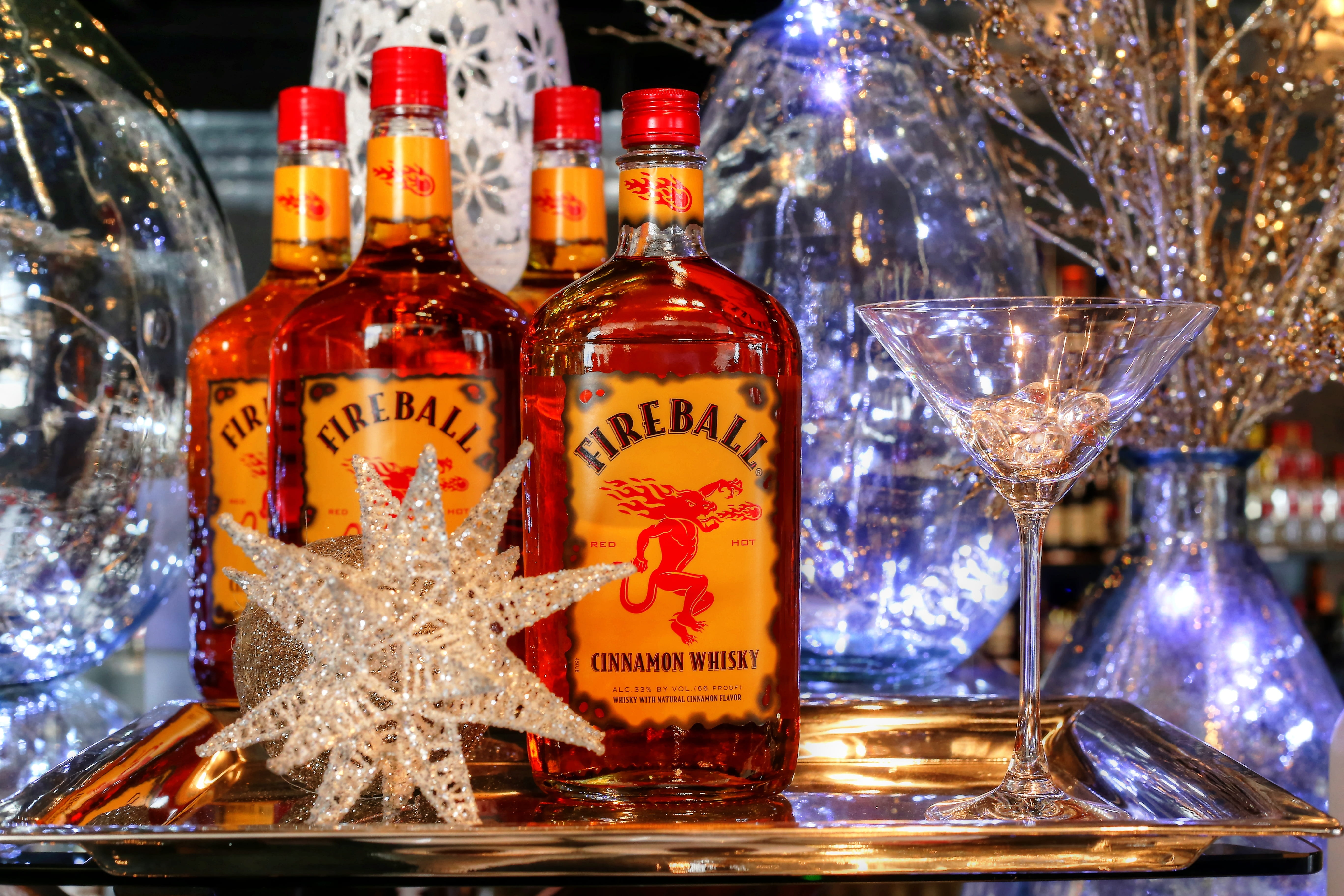 glass - material, drink, christmas decoration, new year, liquor, fireball whisky, communication, text, food and drink, party, glass, 5K, indoors, lights, HD Wallpaper