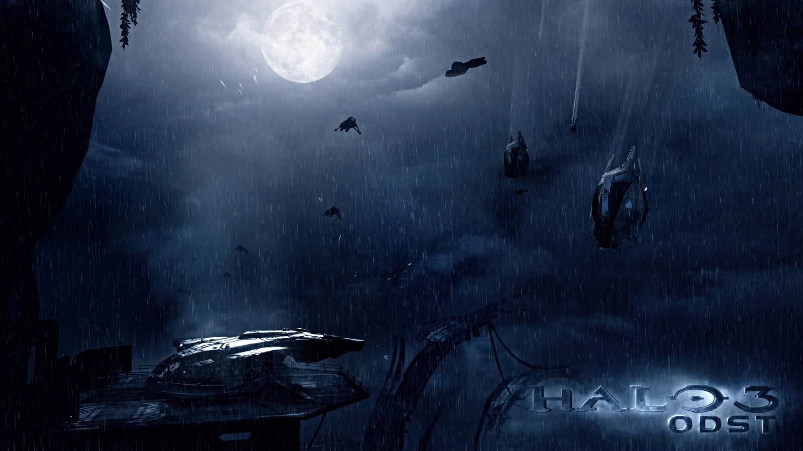 720P, Banshee (Halo), rain, Pelican (Halo), night, ODST, Covenant, Halo 3: ODST, video games, Halo, Moon, HD Wallpaper