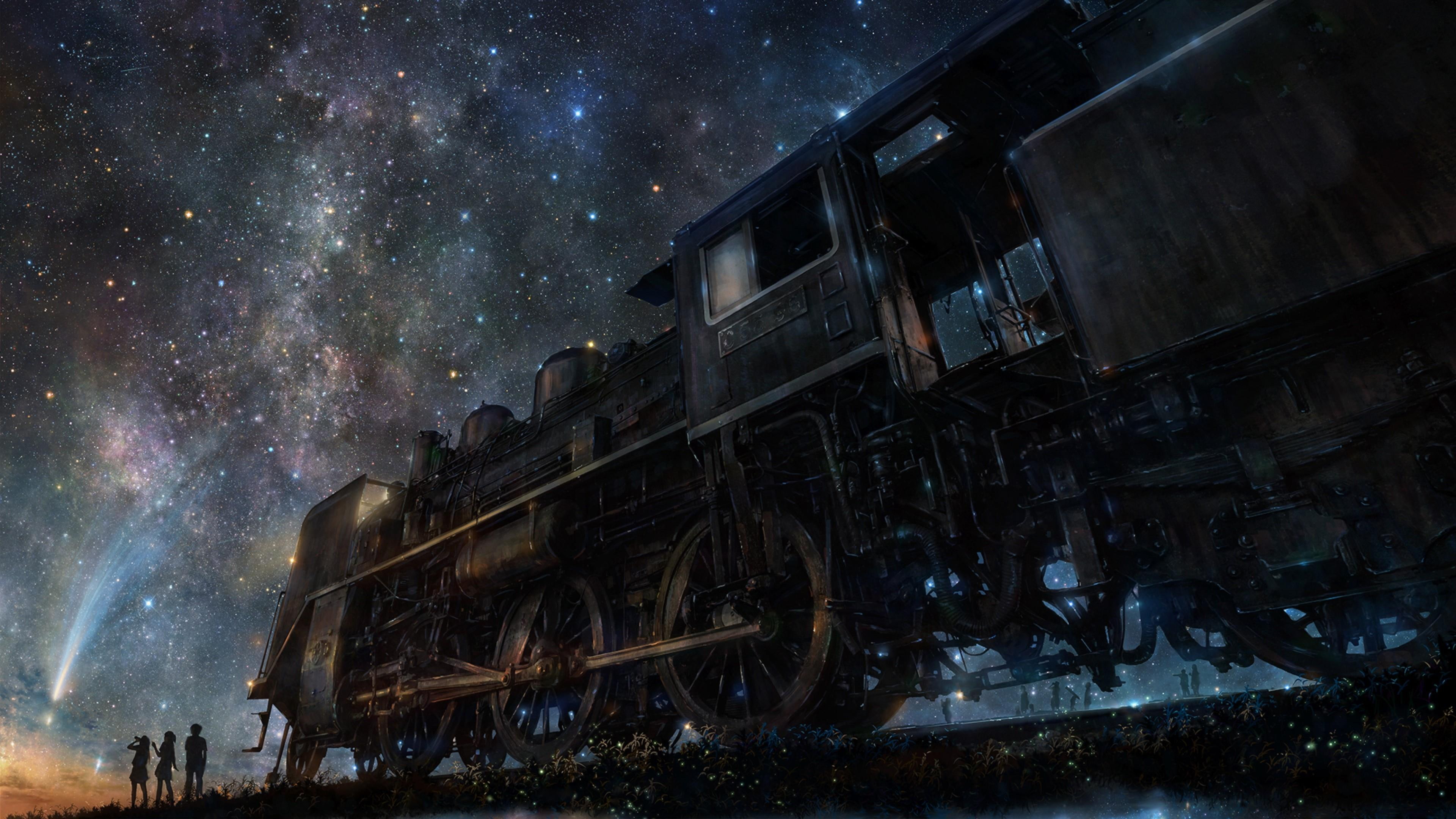 stars, 4K, train, art, starry night, sky, HD Wallpaper