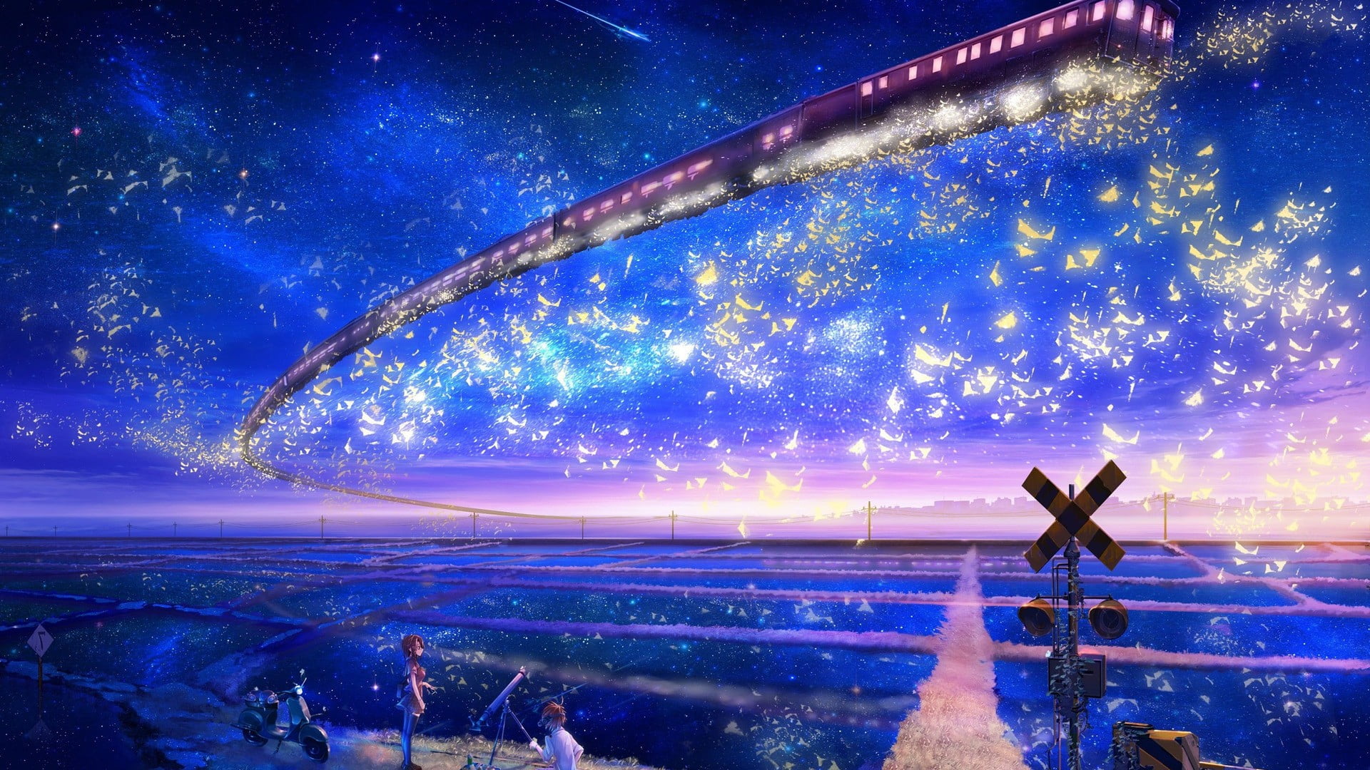 digital, 1080P, fantasy art, scenics - nature, star - space, night, blue, milky way, flying, full length, galaxy, sky, train, one person, anime, HD Wallpaper