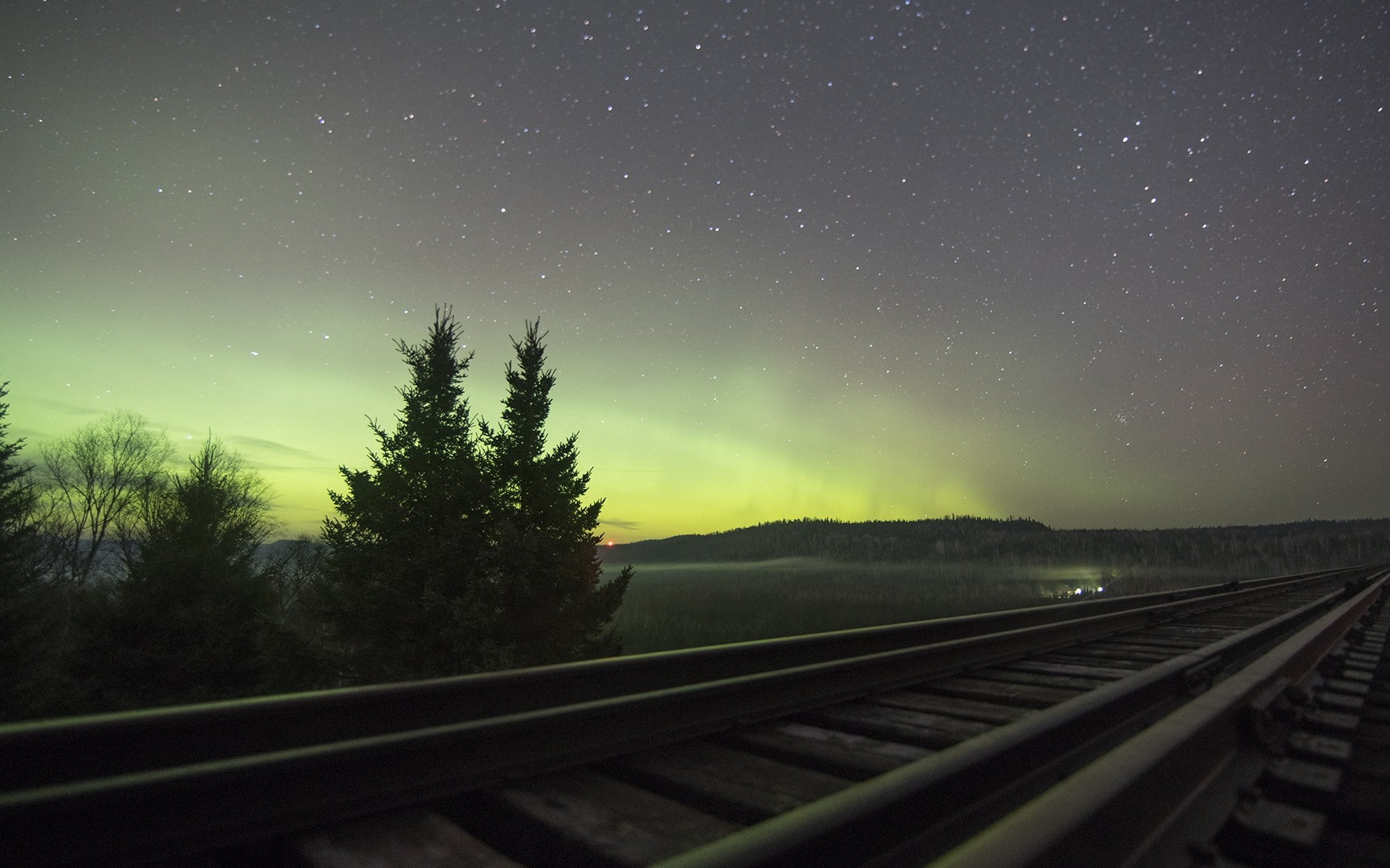 outdoors, tranquil scene, no people, tree, transportation, space, space and astronomy, railroad track, railway, rail transportation, star - space, plant, HD Wallpaper