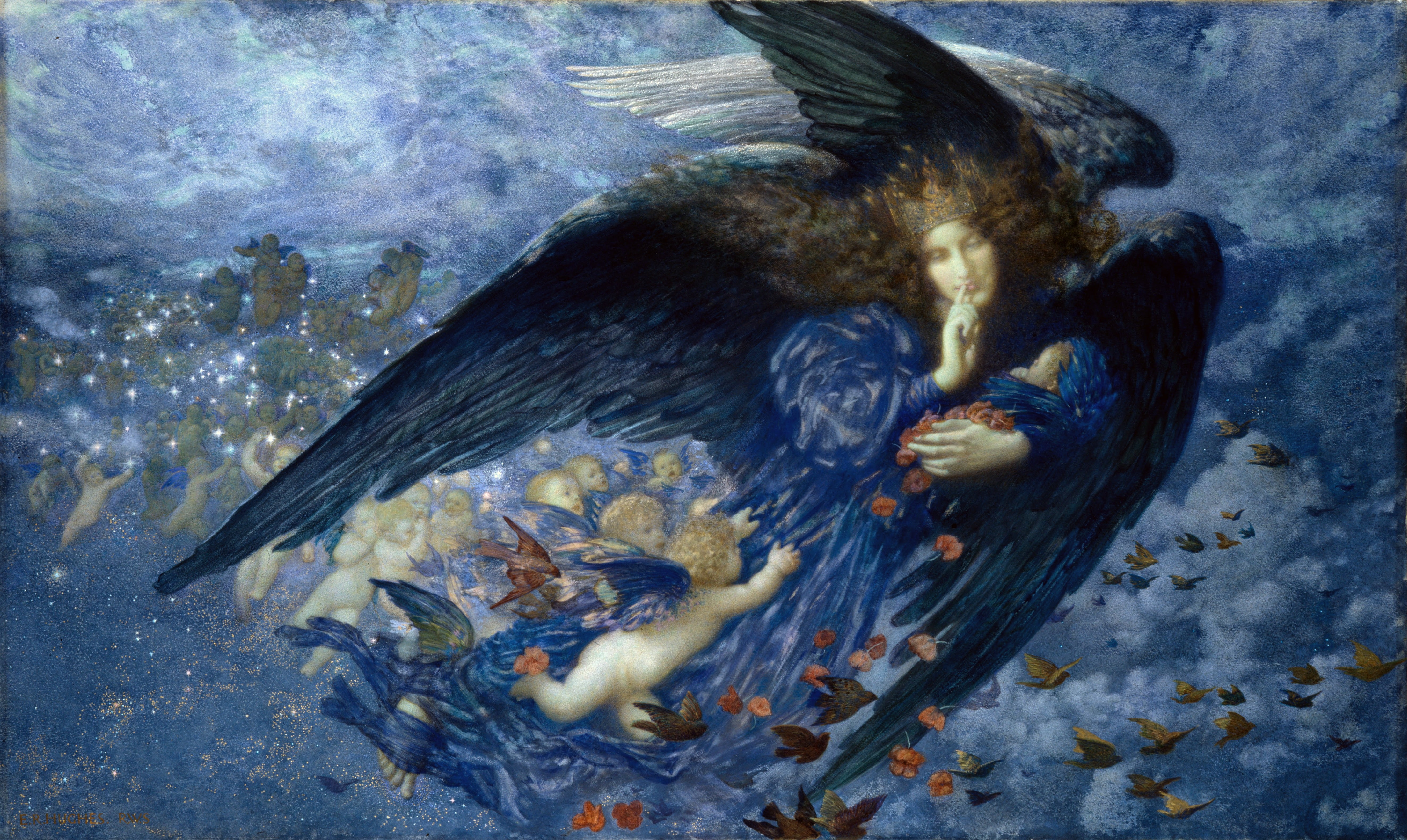pigeons, 5K, Edward Robert Hughes, angels, Night with train of stars, HD Wallpaper