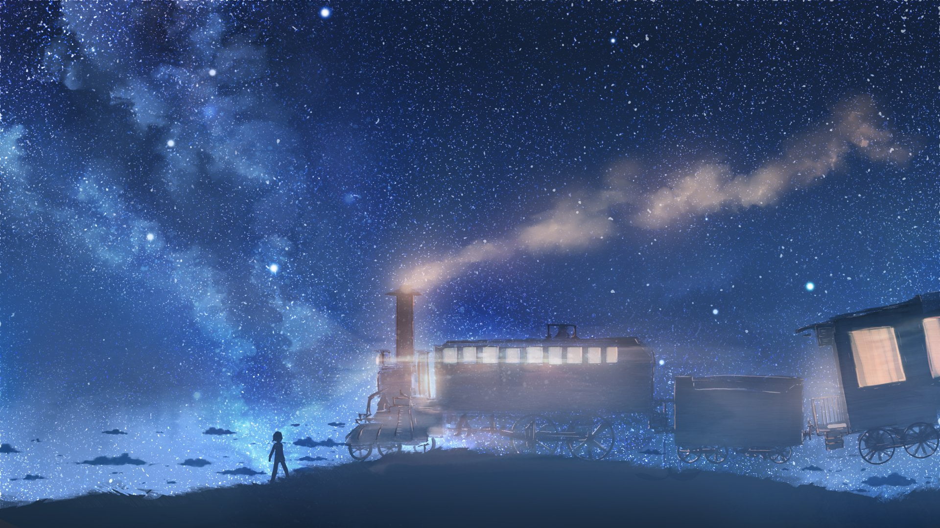 blizzard, snow, Original, Girl, building exterior, environment, Anime, night, 1080P, scenics - nature, built structure, science, astronomy, pollution, HD Wallpaper