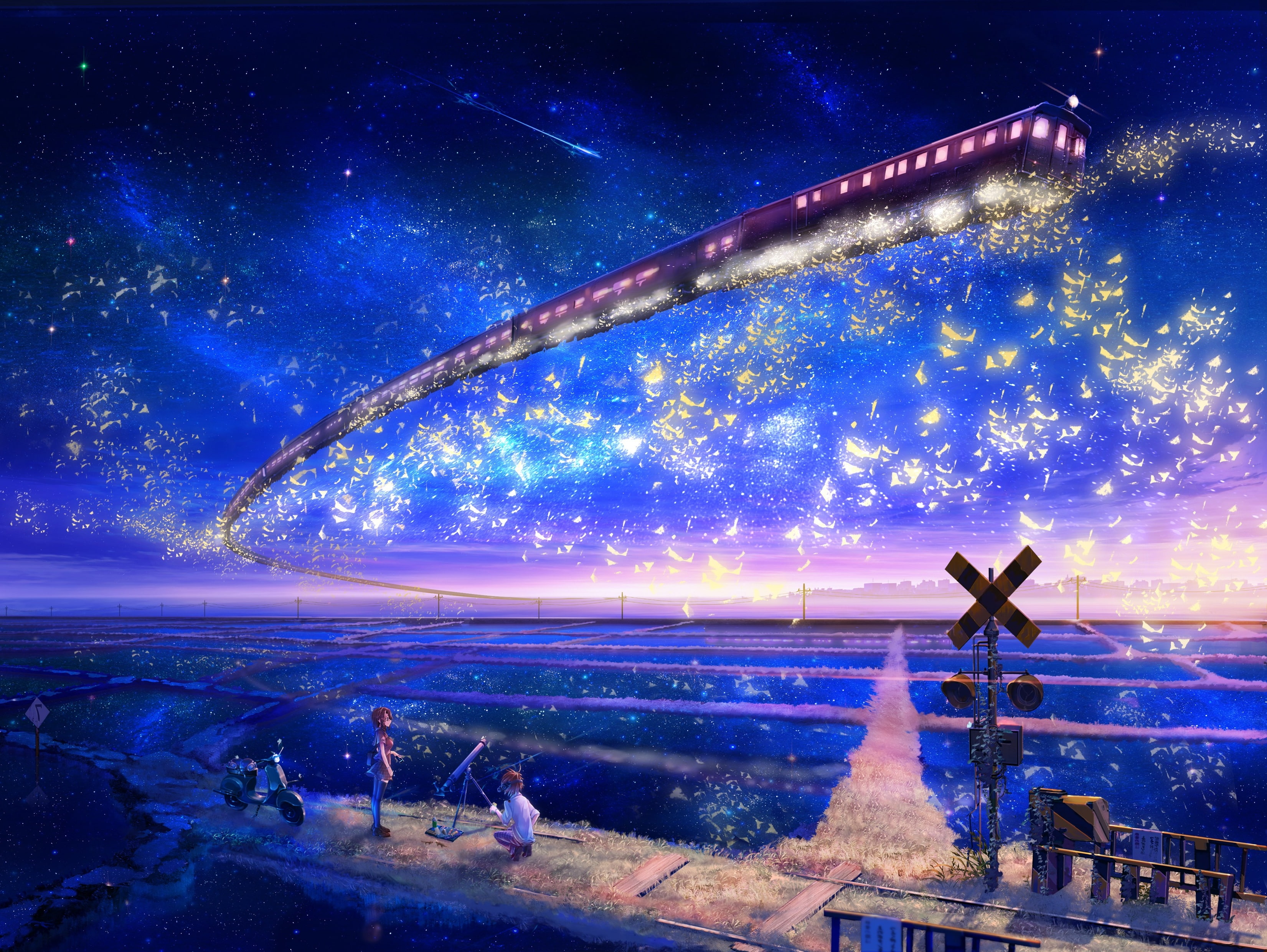2K, scenics - nature, scenic, illuminated, night, star - space, one person, blue, building exterior, beauty in nature, sea, Girls s, skyscapes, outdoors, HD Wallpaper