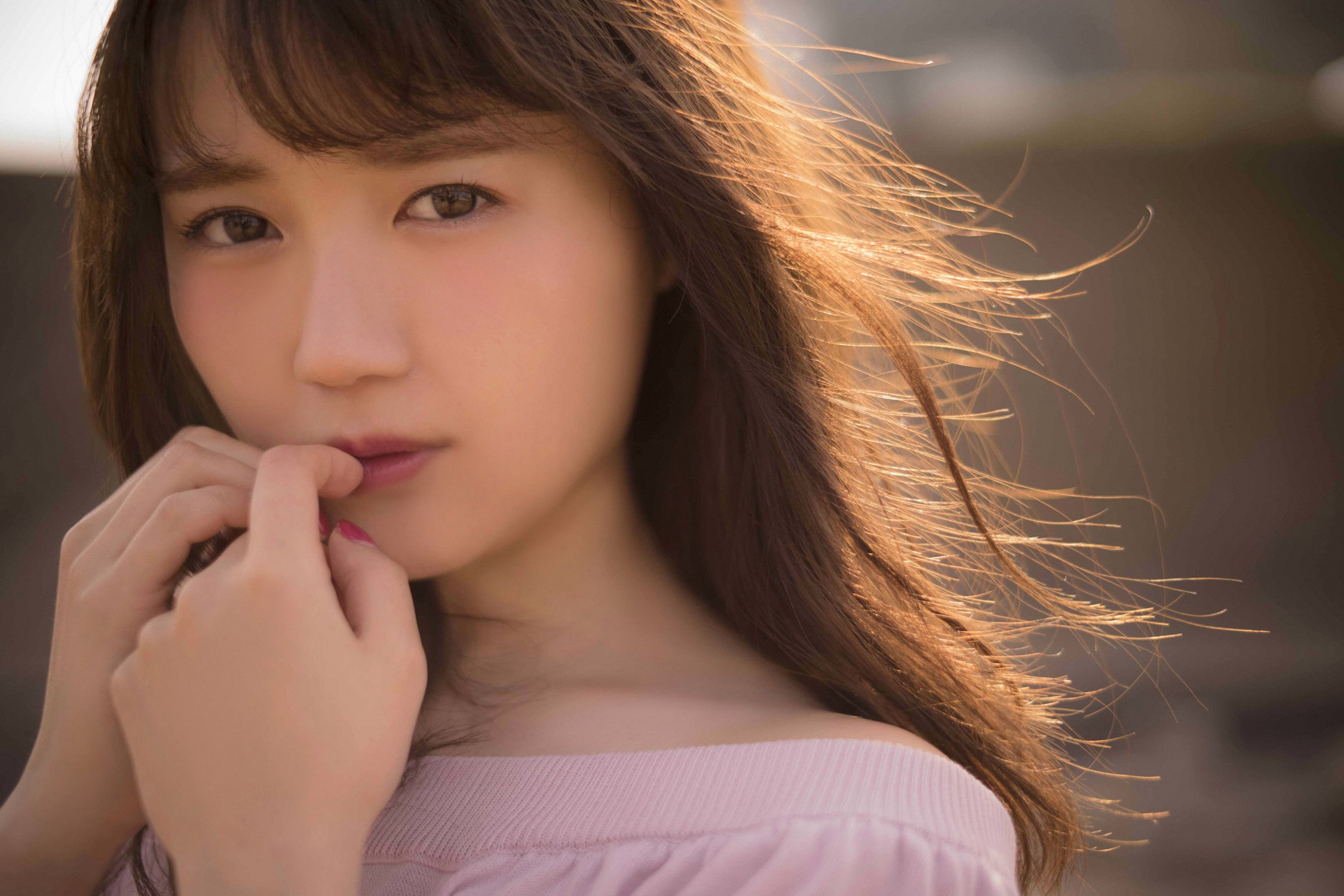 hairstyle, brown hair, young adult, human face, hand, Yuka Ozaki, human body part, front view, 1080P, contemplation, portrait, headshot, nail, model, women, HD Wallpaper