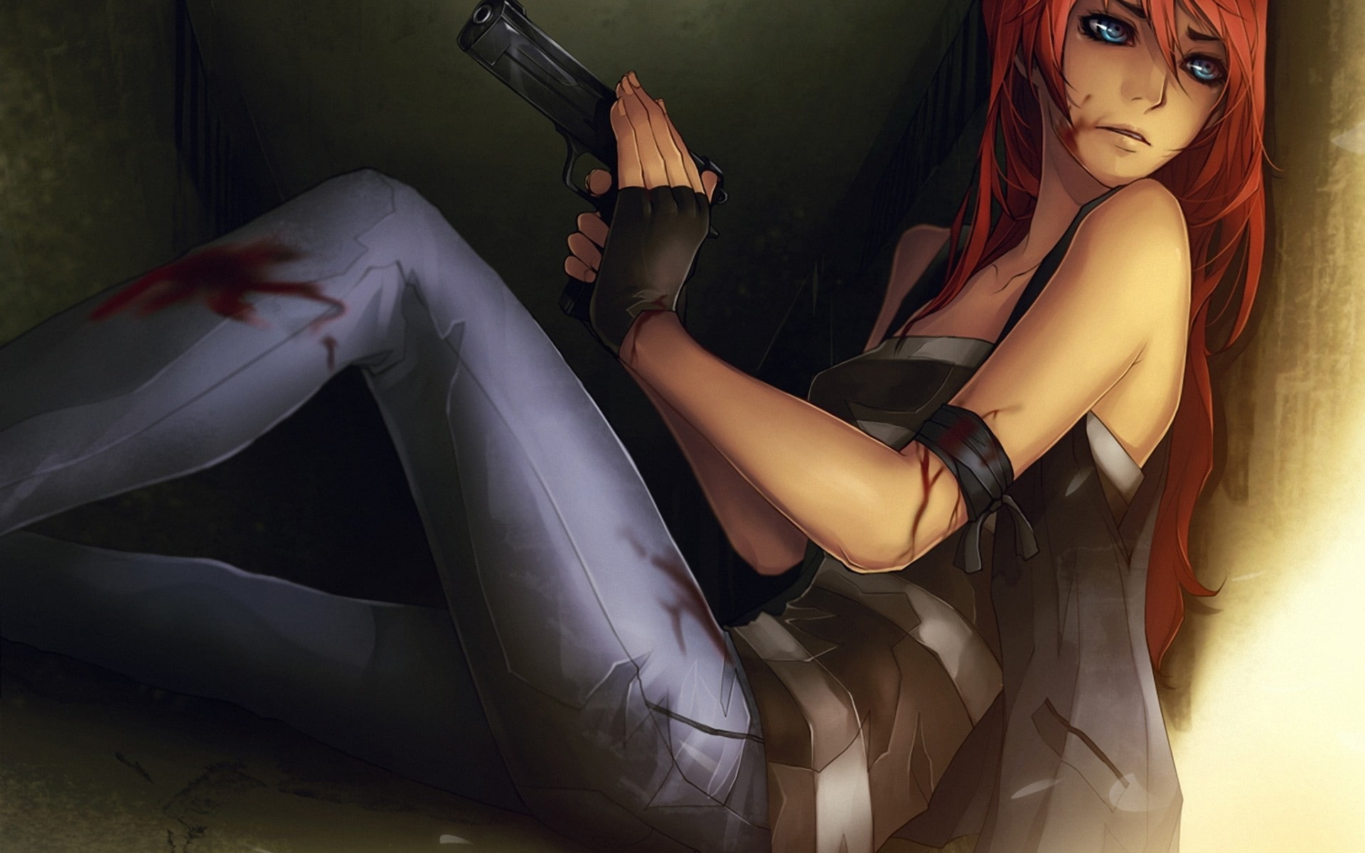real people, hurt, gun, indoors, artwork, clothing, fashion, blue eyes, sitting, lifestyles, girls with guns, beautiful woman, beauty, redhead, 1080P, HD Wallpaper