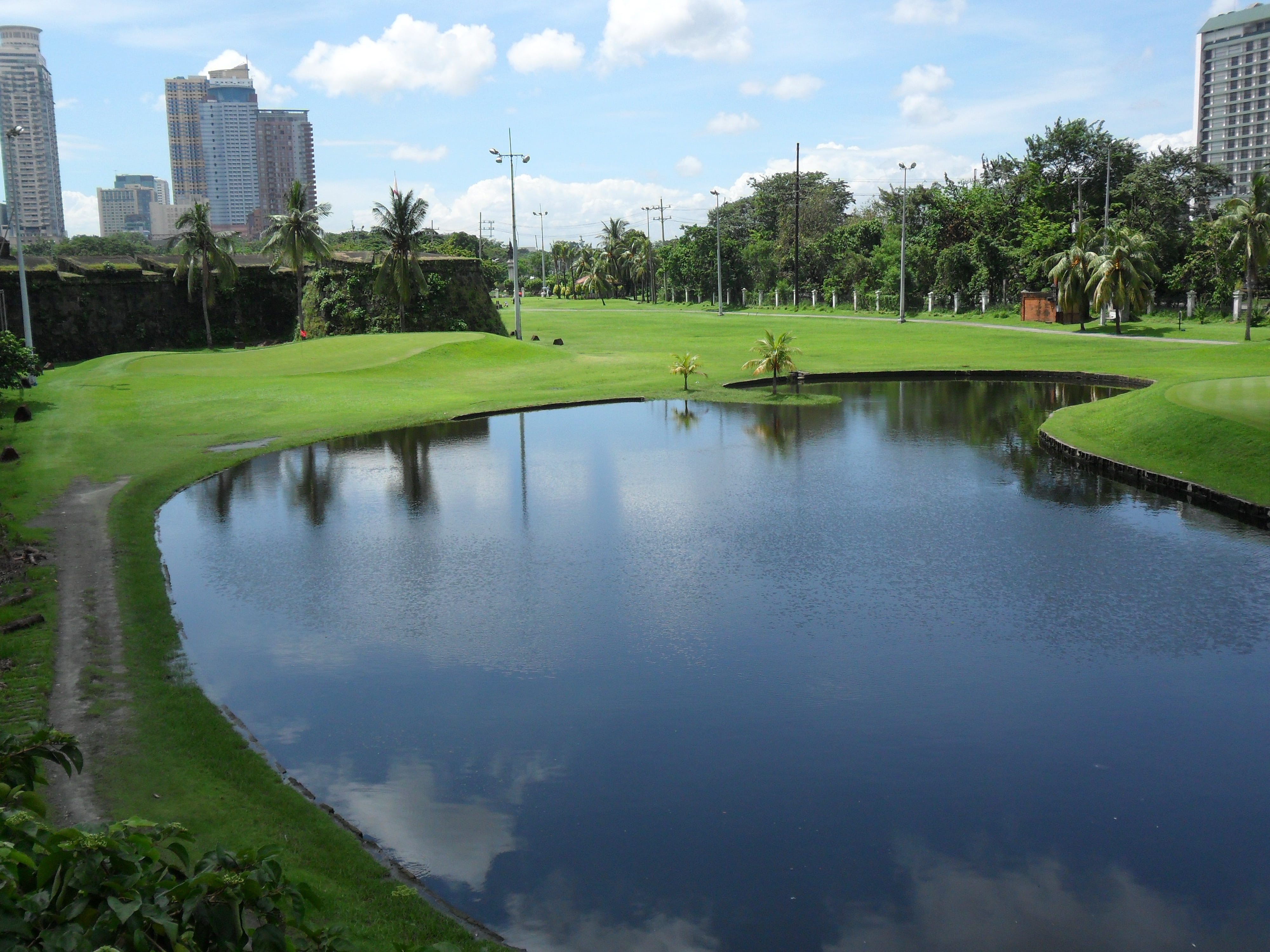 day, grassy, city, plant, built structure, building exterior, golf, golf course, green color, tree, cloud - sky, metro manila, lake, architecture, park, HD Wallpaper