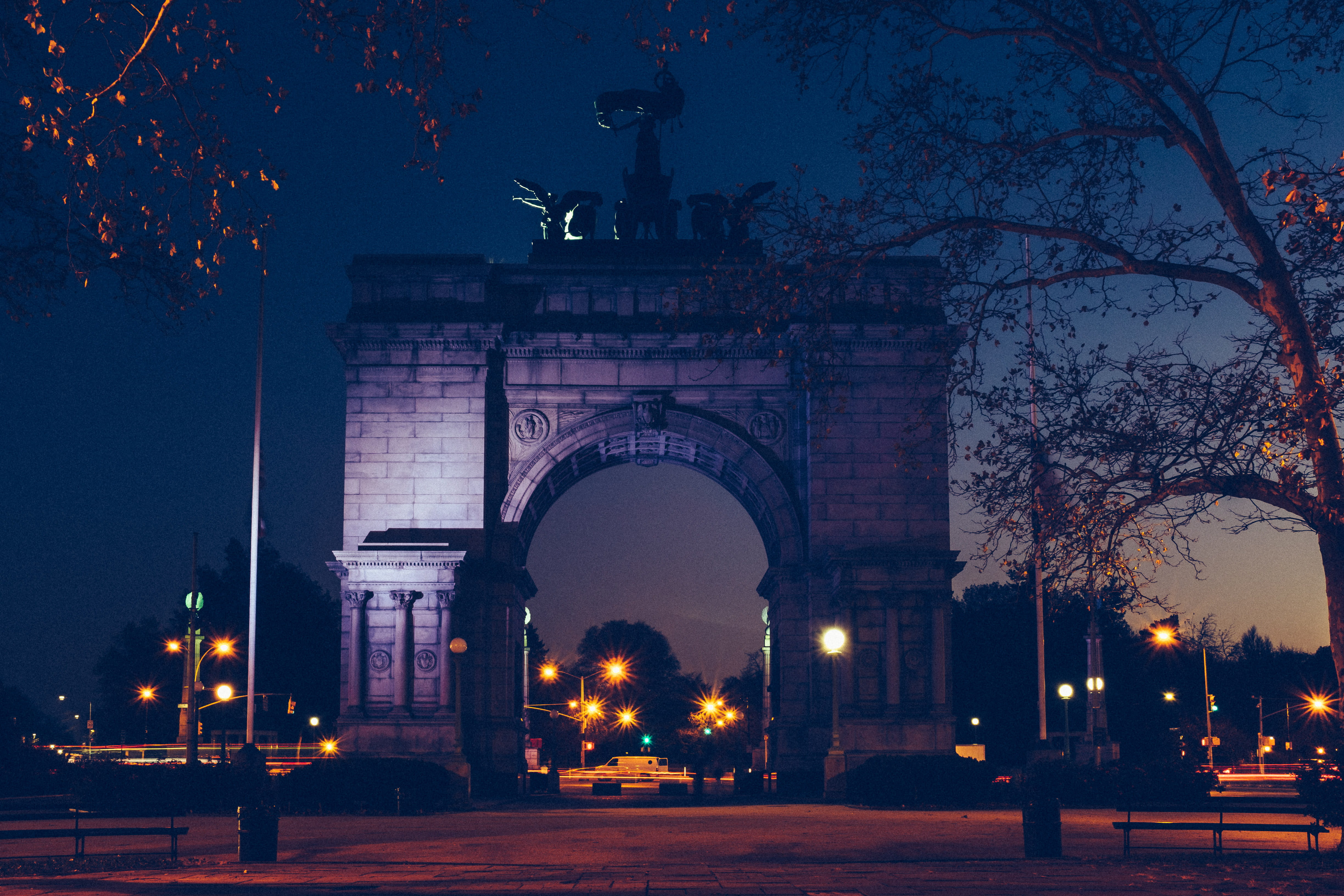brooklyn, the past, built structure, united states, no people, arch, city, illuminated, monument, memorial, history, building exterior, street, night, grand army plaza, HD Wallpaper