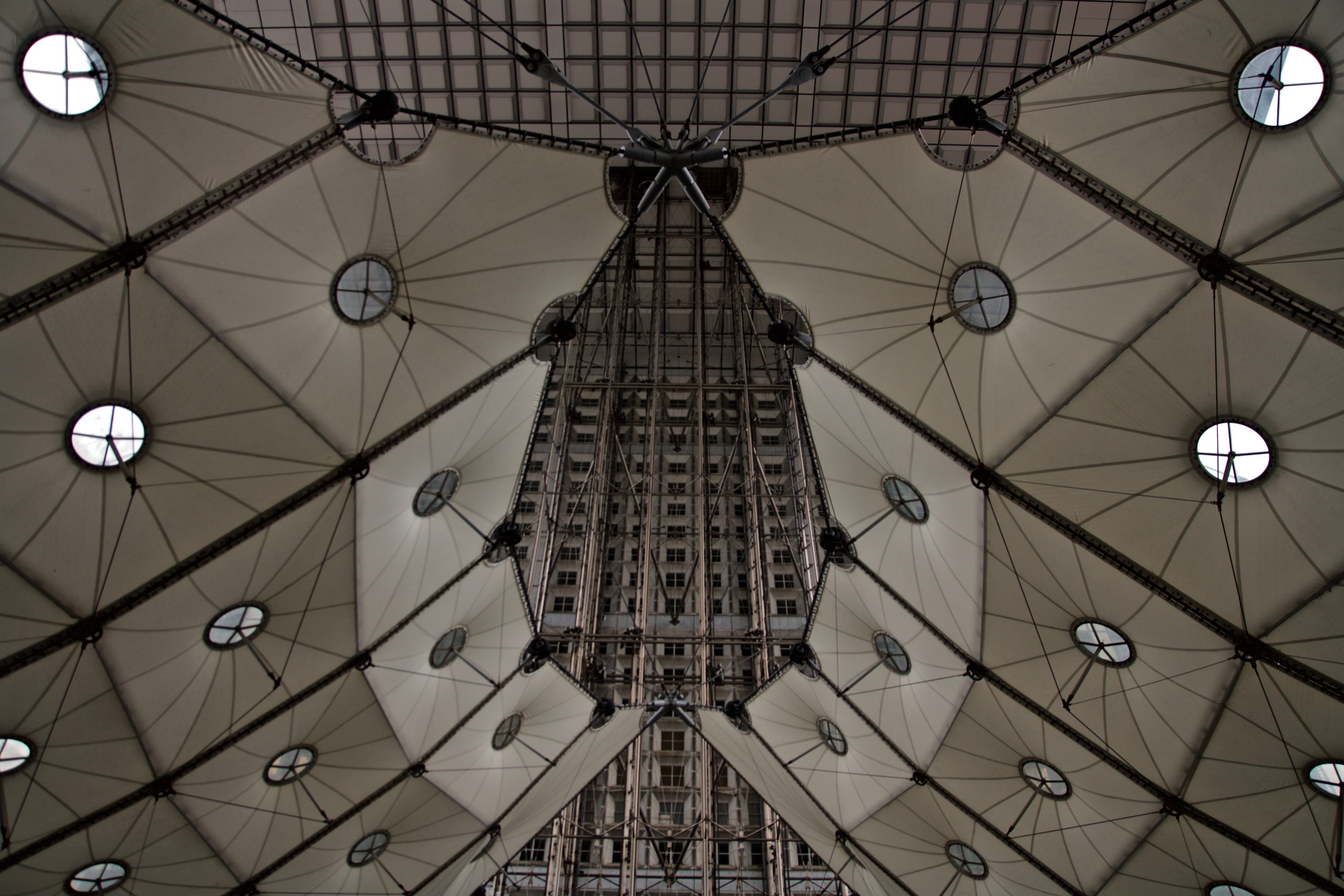 puteaux, directly below, monument, lighting equipment, architecture, grande arche, travel destinations, shape, france, 2K, sails, decoration, design, hanging, HD Wallpaper