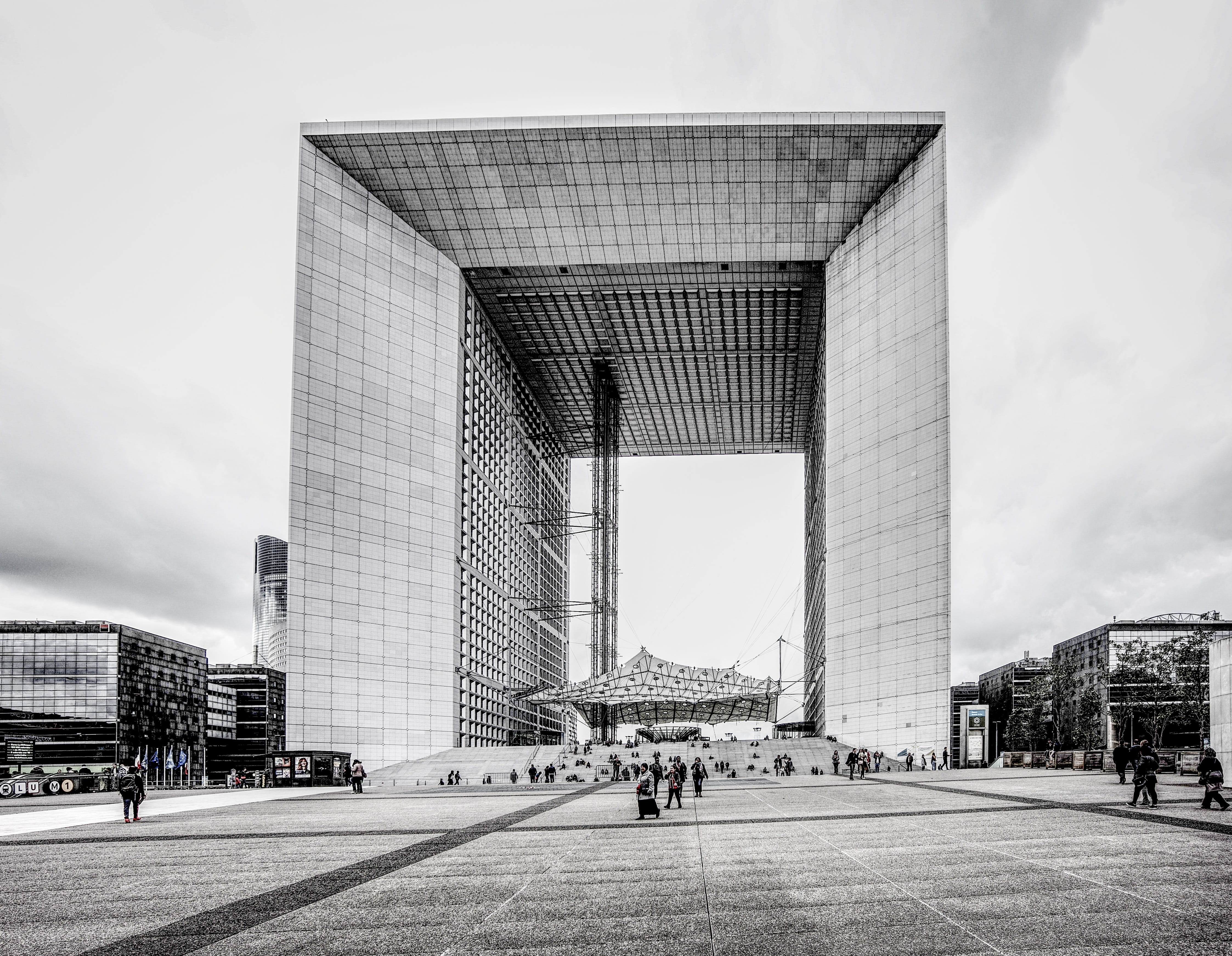 skyscraper, built structure, outdoors, Building, travel destinations, bridge, Monuments, office building exterior, travel, La Defense, grand arch, day, HD Wallpaper