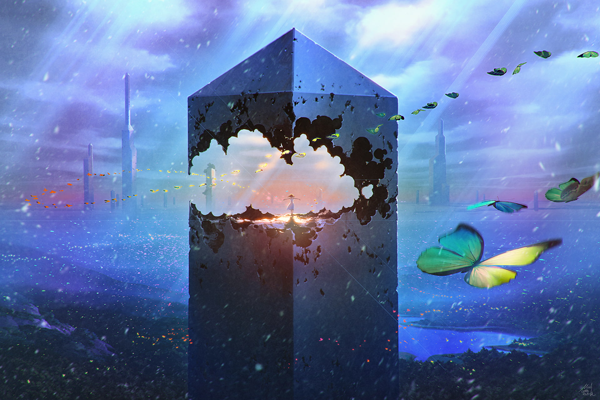 1080P, fantasy art, Obelisk, butterfly, digital art, sky, underwater, HD Wallpaper
