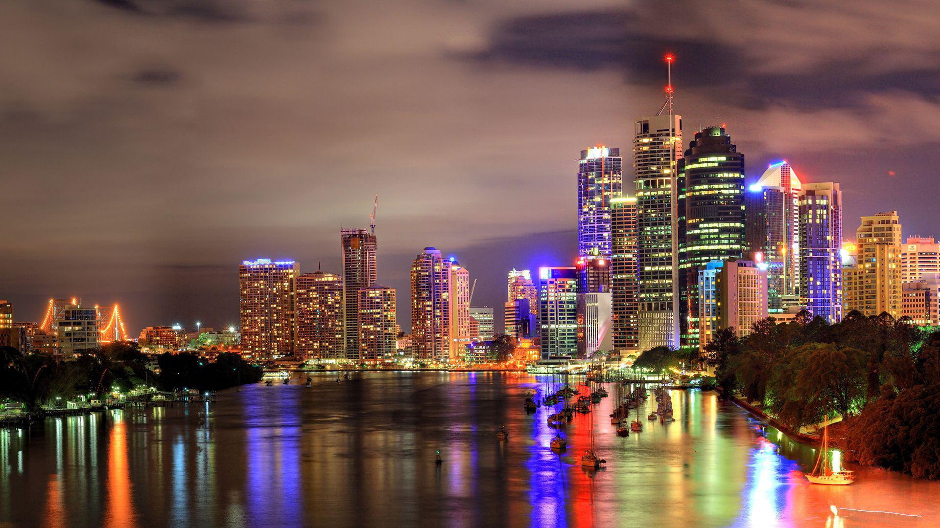 nighttime, brisbane, lighted, world, city, 1080P, 1920x1080, australia, HD Wallpaper