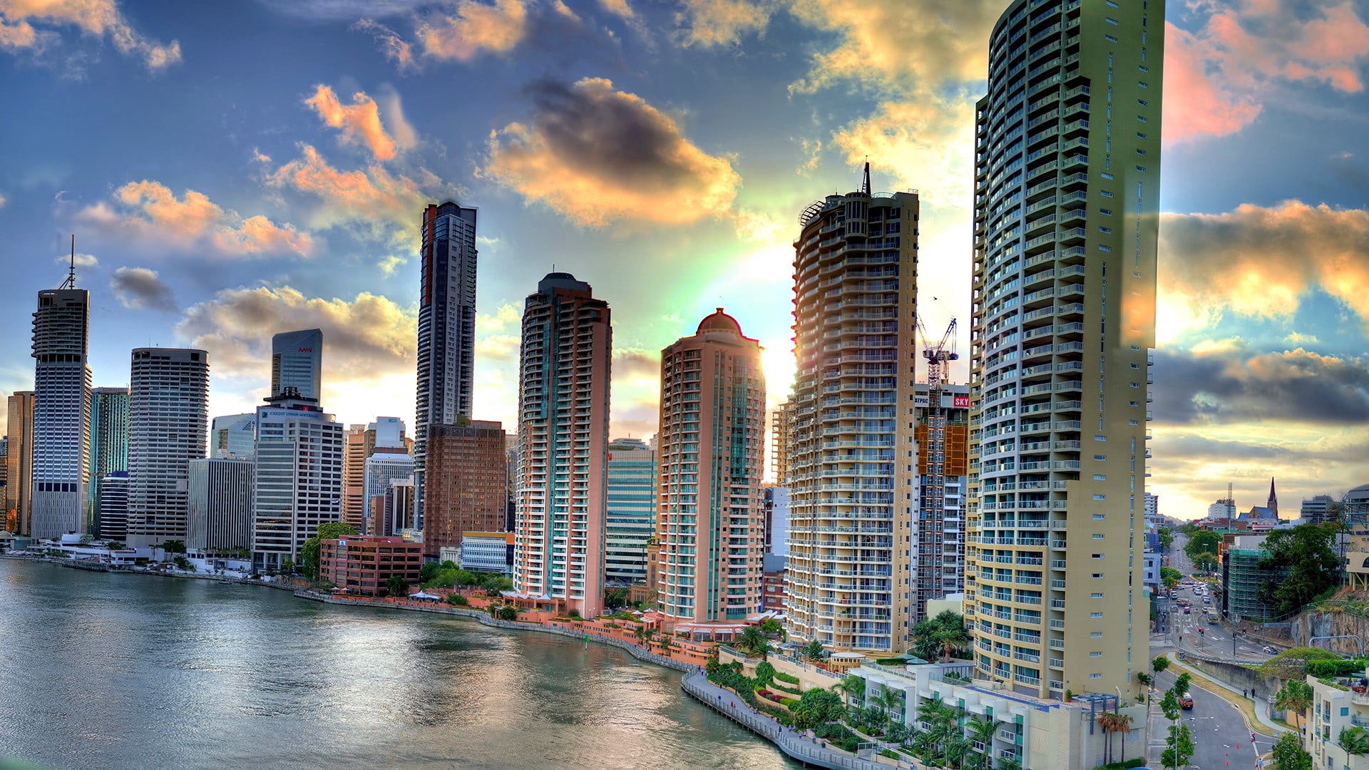residential district, sunset, buildings, apartment, modern, no people, Brisbane, tall - high, clouds, near, sky, nature, skyscraper, cloud - sky, office, HD Wallpaper