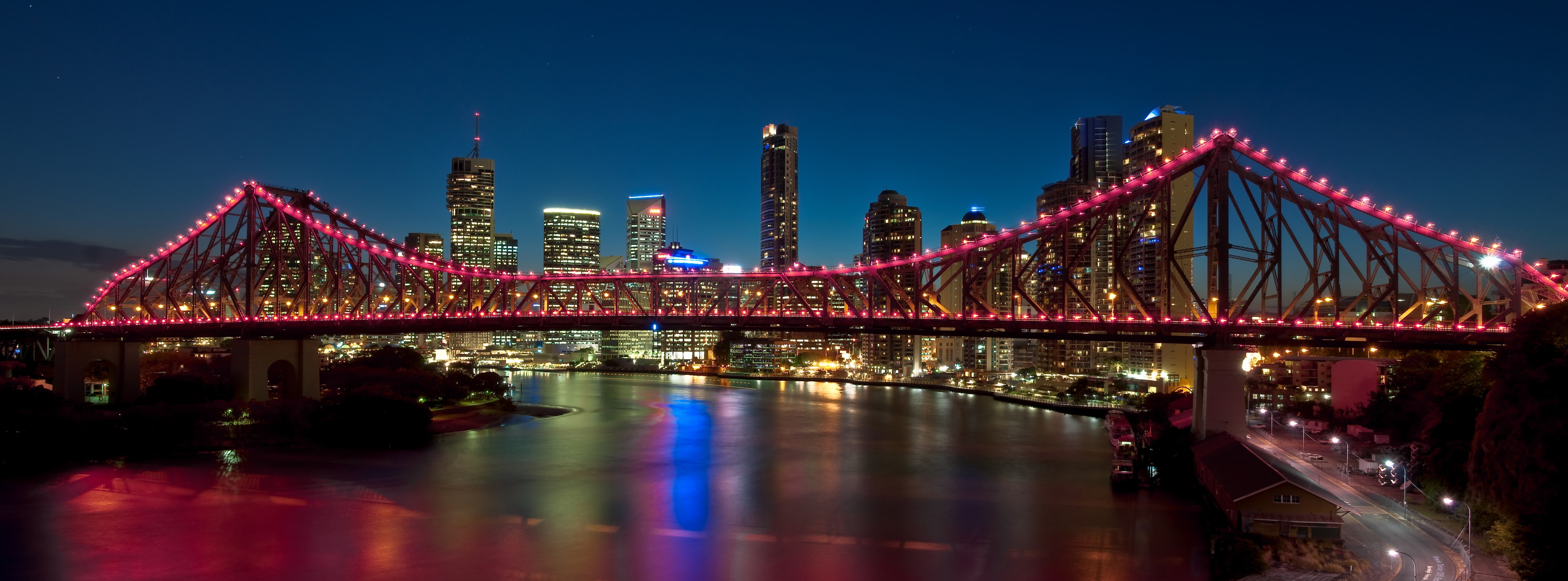 built structure, dusk, architecture, cityscape, office building exterior, building exterior, brisbane river, water, clear sky, 5K, no people, illuminated, HD Wallpaper