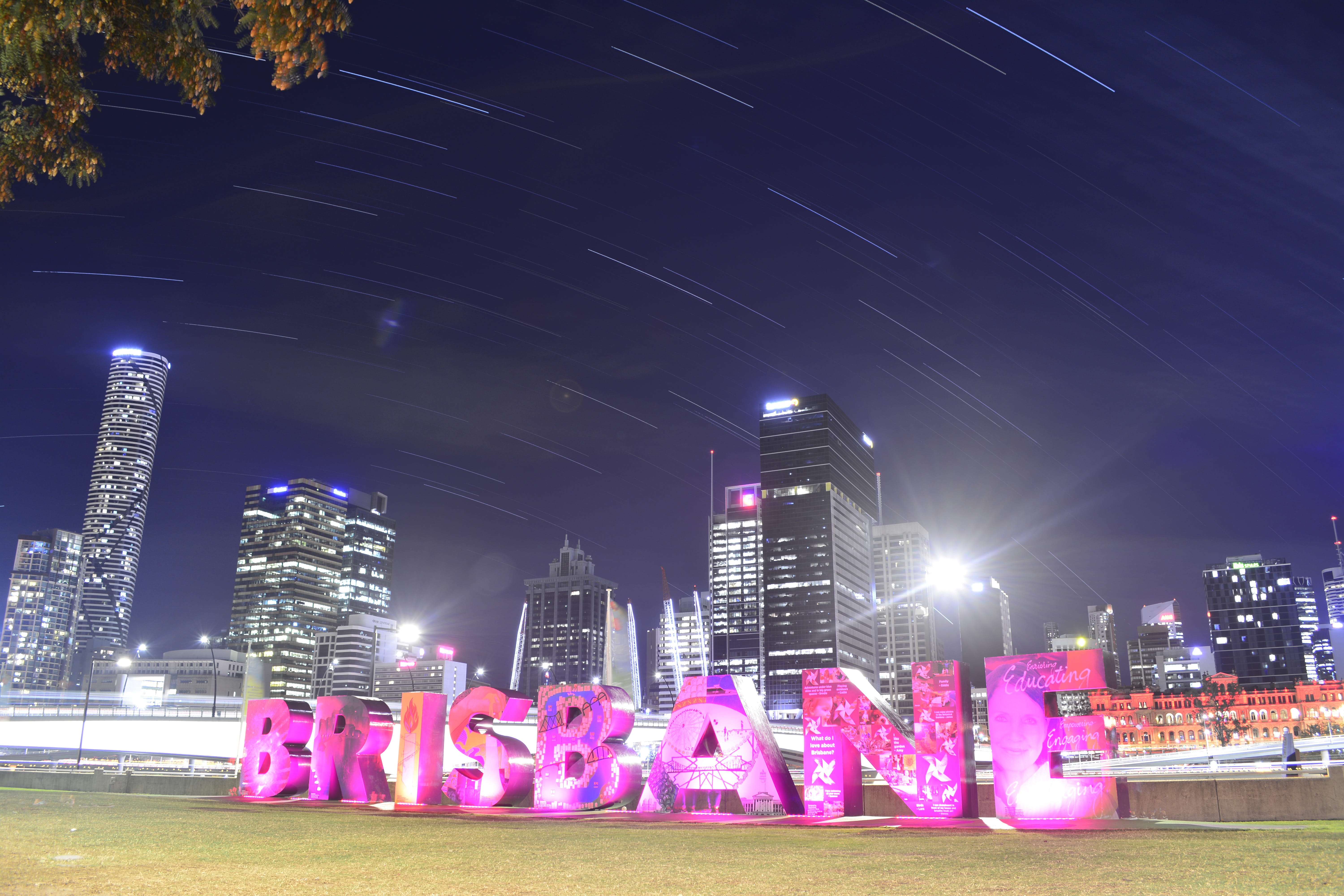 communication, building, Skyline, nature, bridge, urban, illuminated, photography, pink color, tree, signage, skyscraper, river, queensland, 5K, plant, HD Wallpaper
