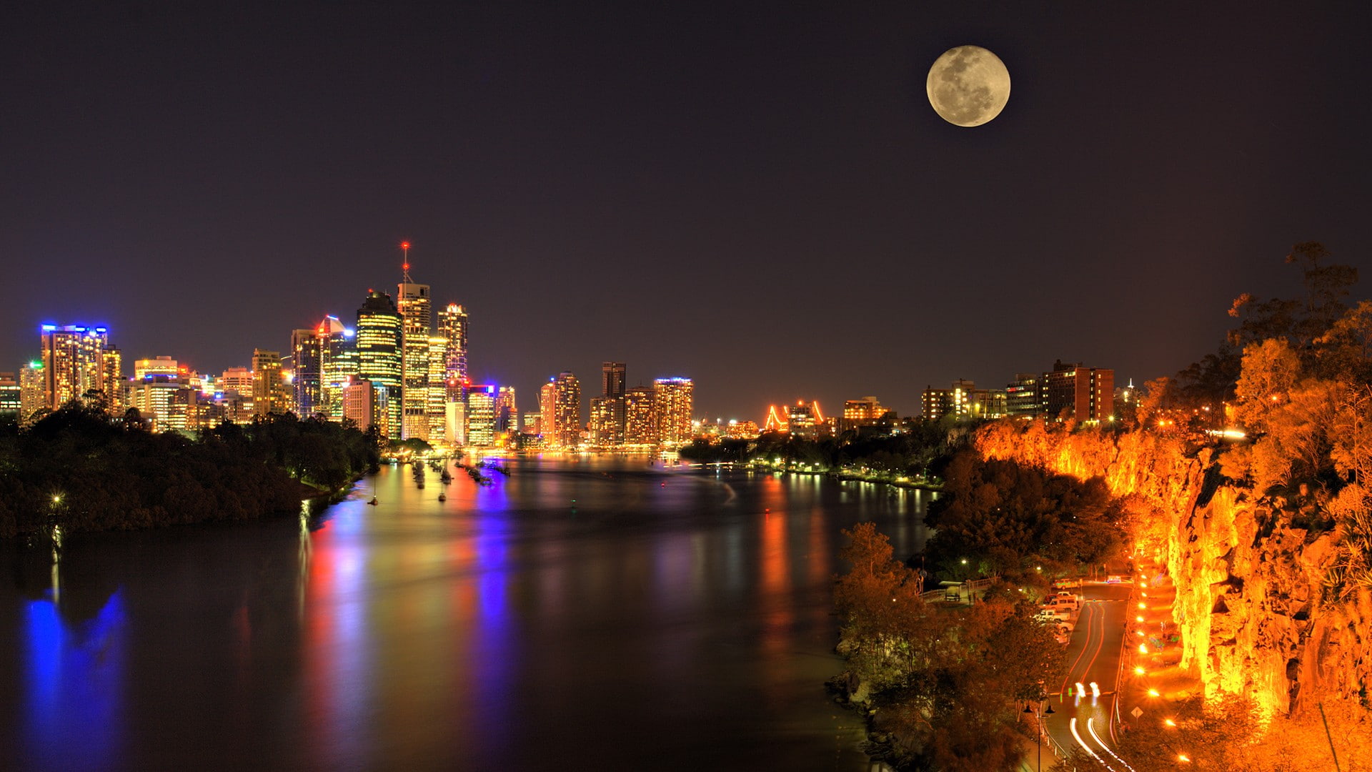 river, cityscape, 1080P, lights, night, Australia, building, Moon, Brisbane, HD Wallpaper
