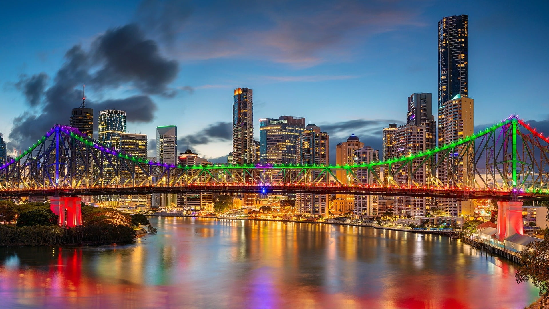 building exterior, office building exterior, night, built structure, water, colorful, illuminated, waterfront, story bridge, architecture, modern, financial district, HD Wallpaper