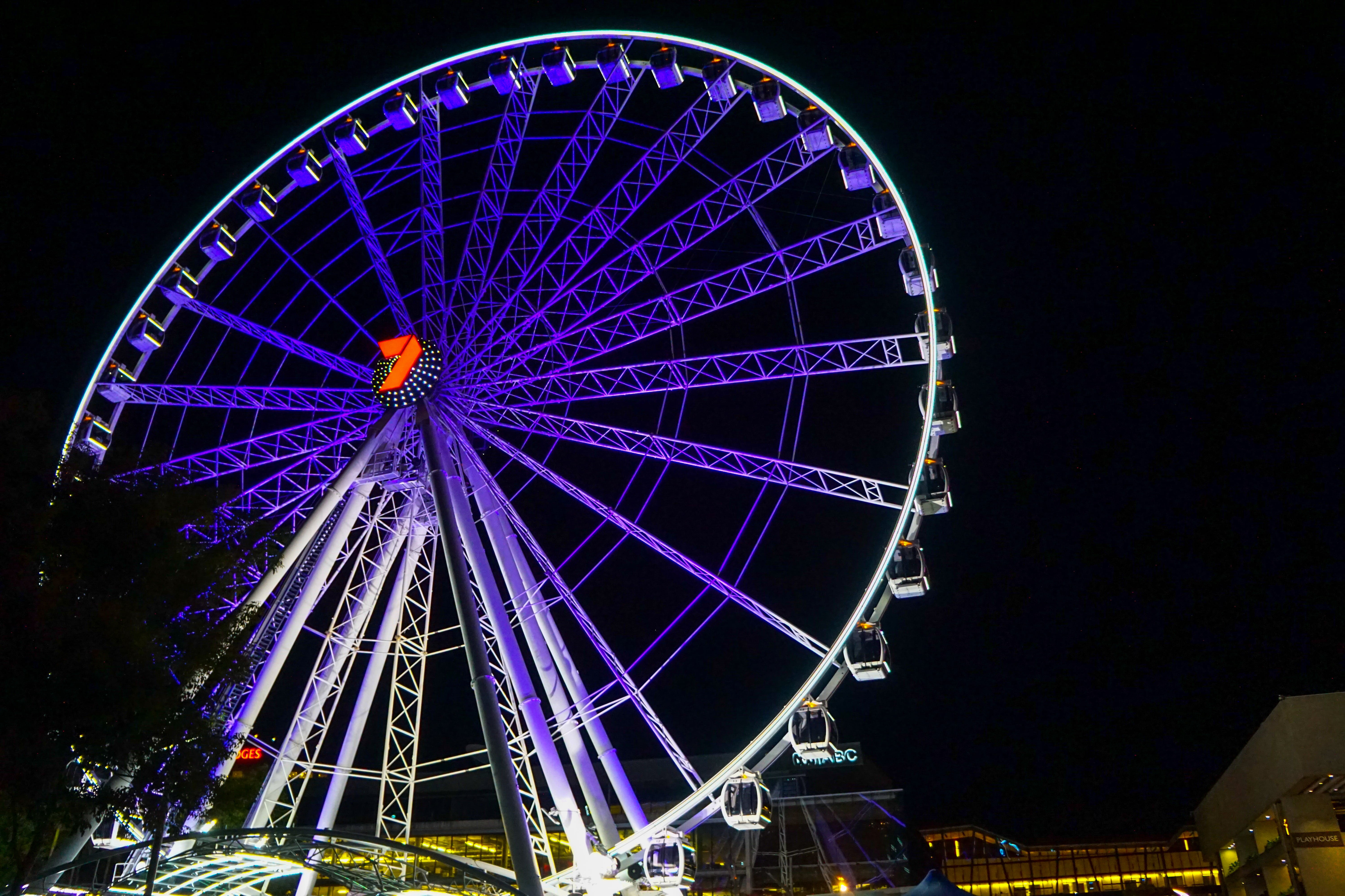 shape, ferris wheel, illuminated, absence, nature, large, low angle view, brisbane, colours, outdoors, built structure, leisure activity, australia, architecture, HD Wallpaper